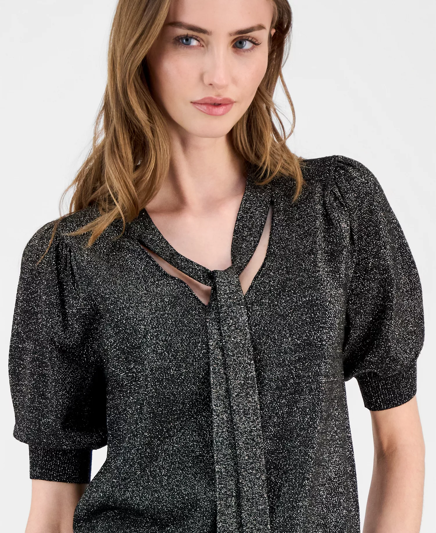 Women's Tie-Neck Elbow-Sleeve Metallic Top - Black Lurex - L
