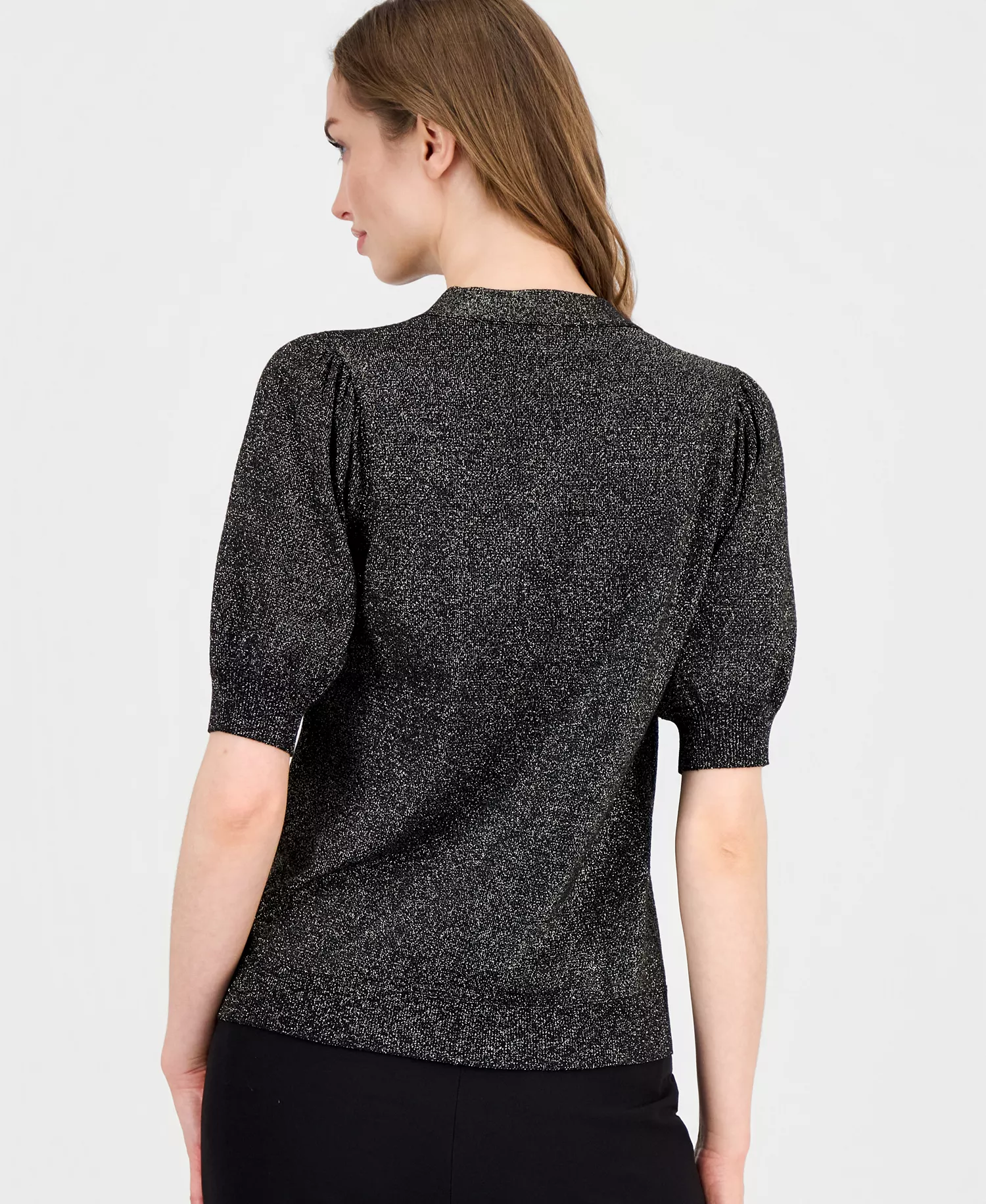 Women's Tie-Neck Elbow-Sleeve Metallic Top - Black Lurex - L