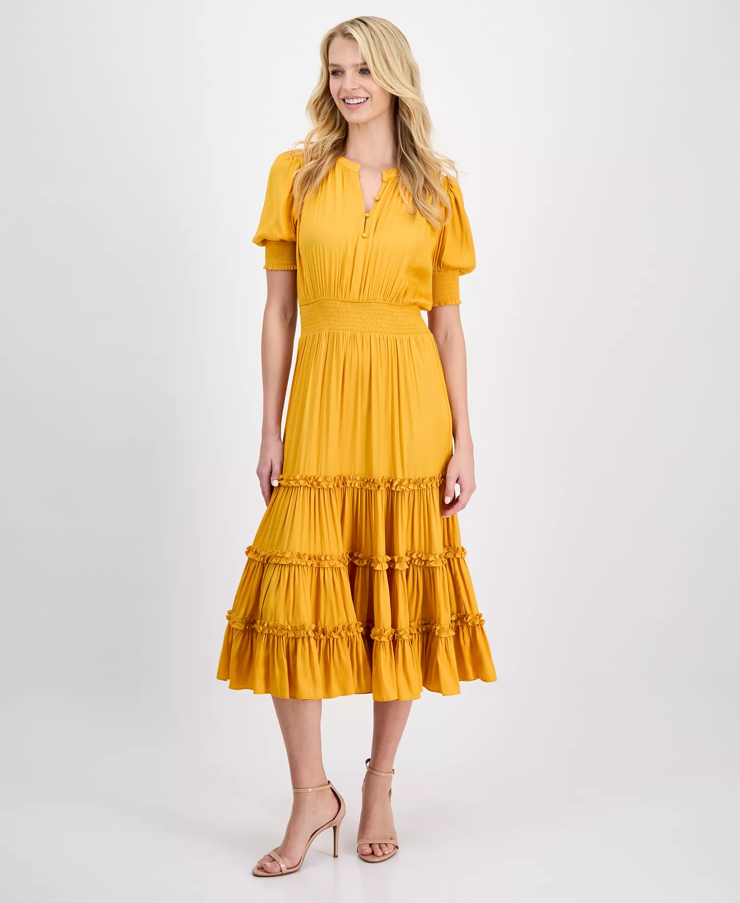 Women's Puff-Sleeve Tiered Midi Dress - Sunset Blaze - L