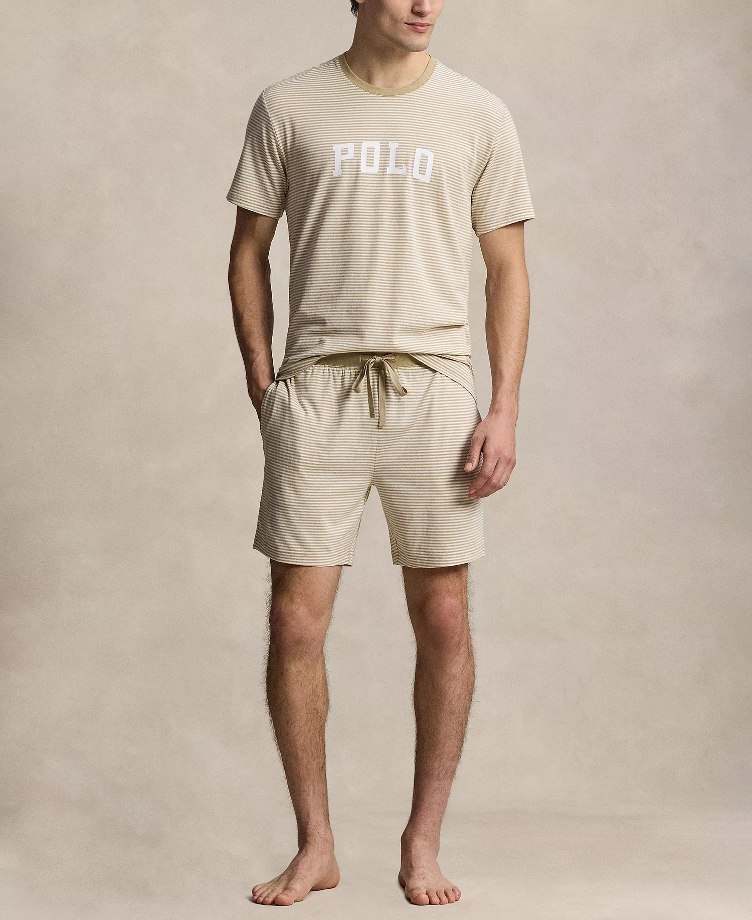 Men's Ribbed Drawstring Pajama Shorts - Classic Khaki/White Tick Stripe/Cruise Navy Polo Player - L
