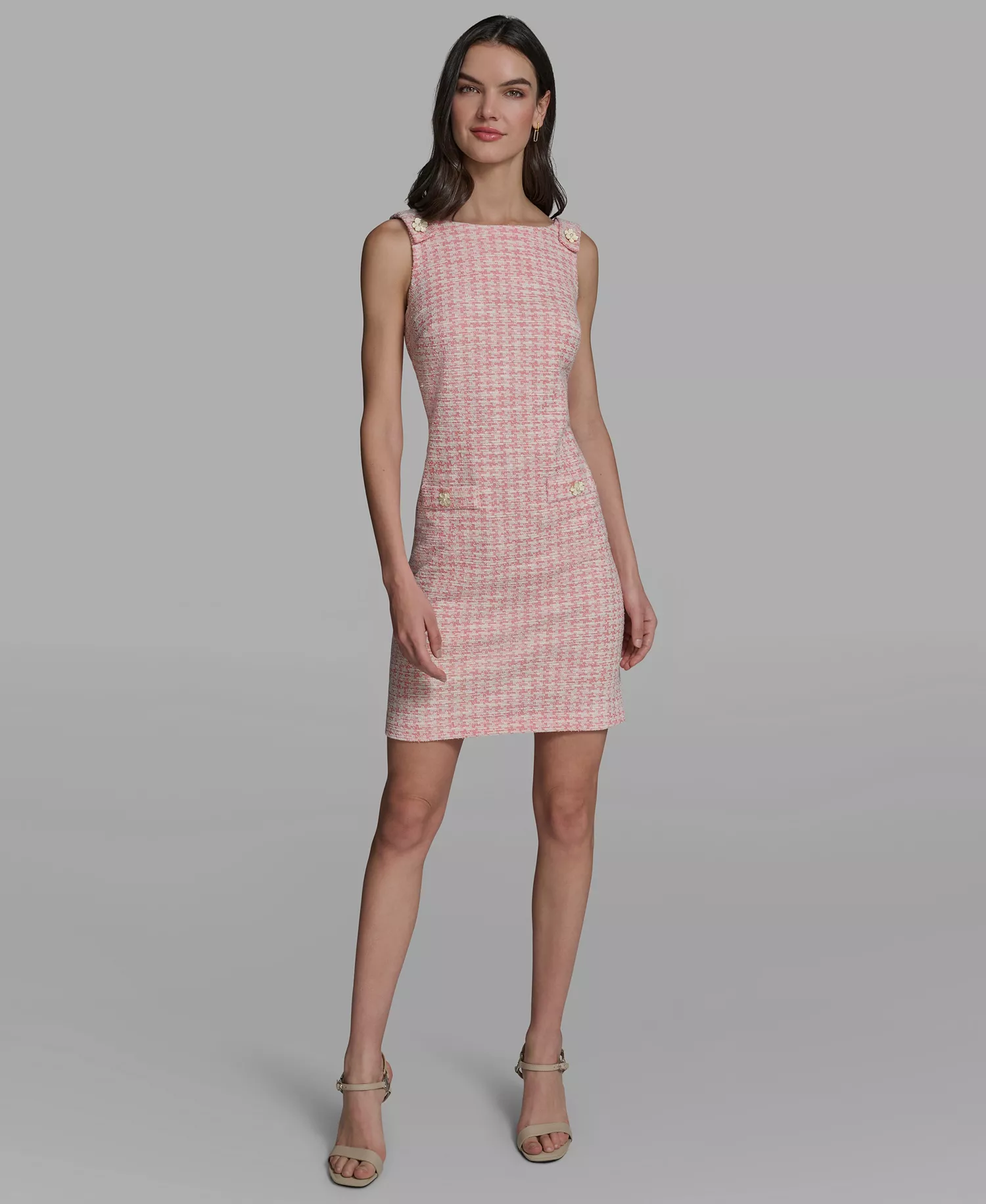 Women's Boat Neck Tweed Pocket Shift Dress - Camelia/Soft White - 0