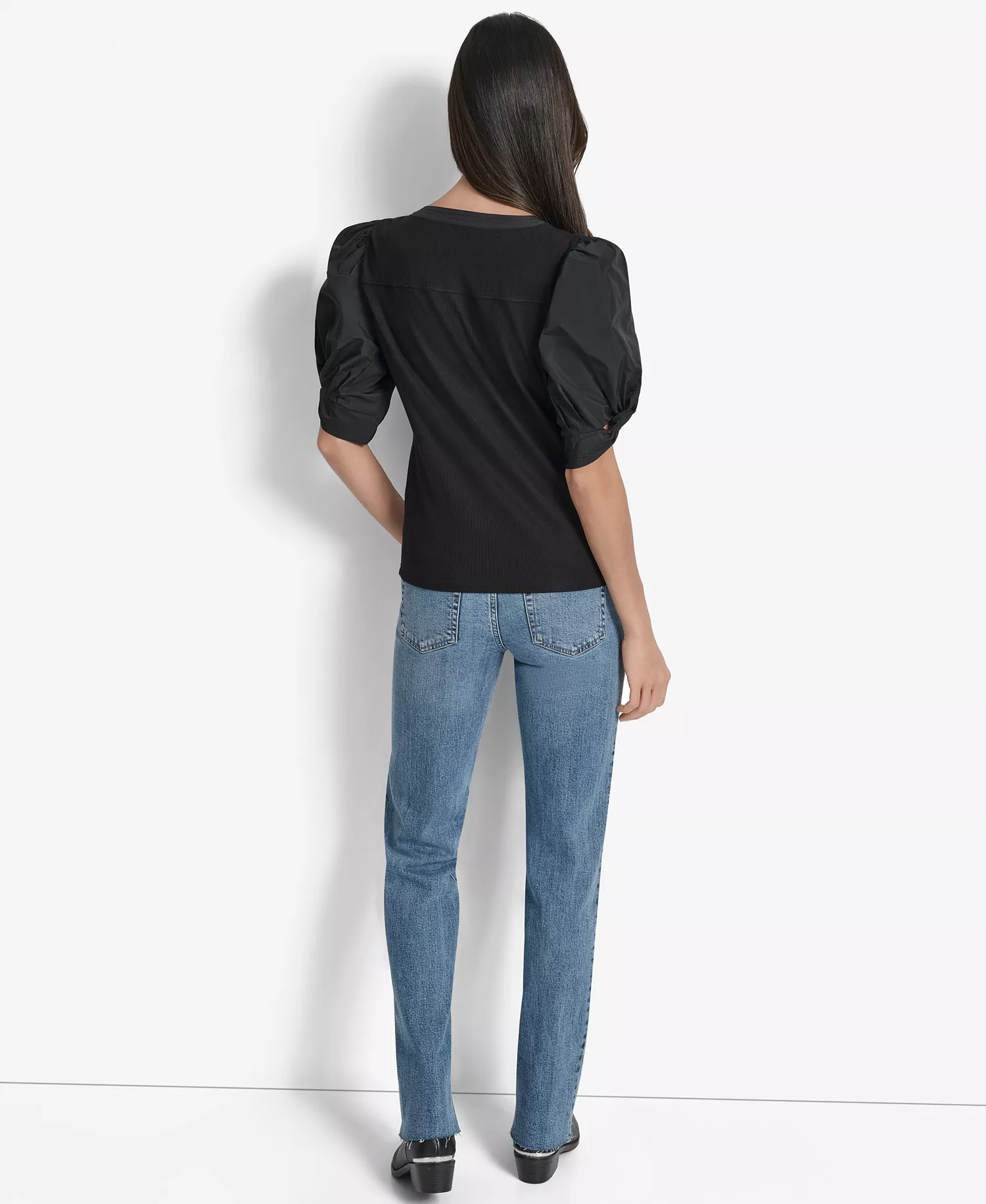 Women's Mixed-Media Taffeta Puff-Sleeve Top - Black - XL