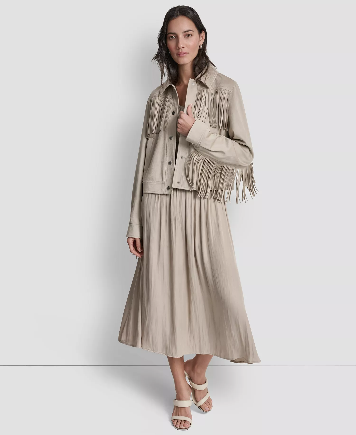 Women's Collared Fringe Suede Jacket - Pebble - L