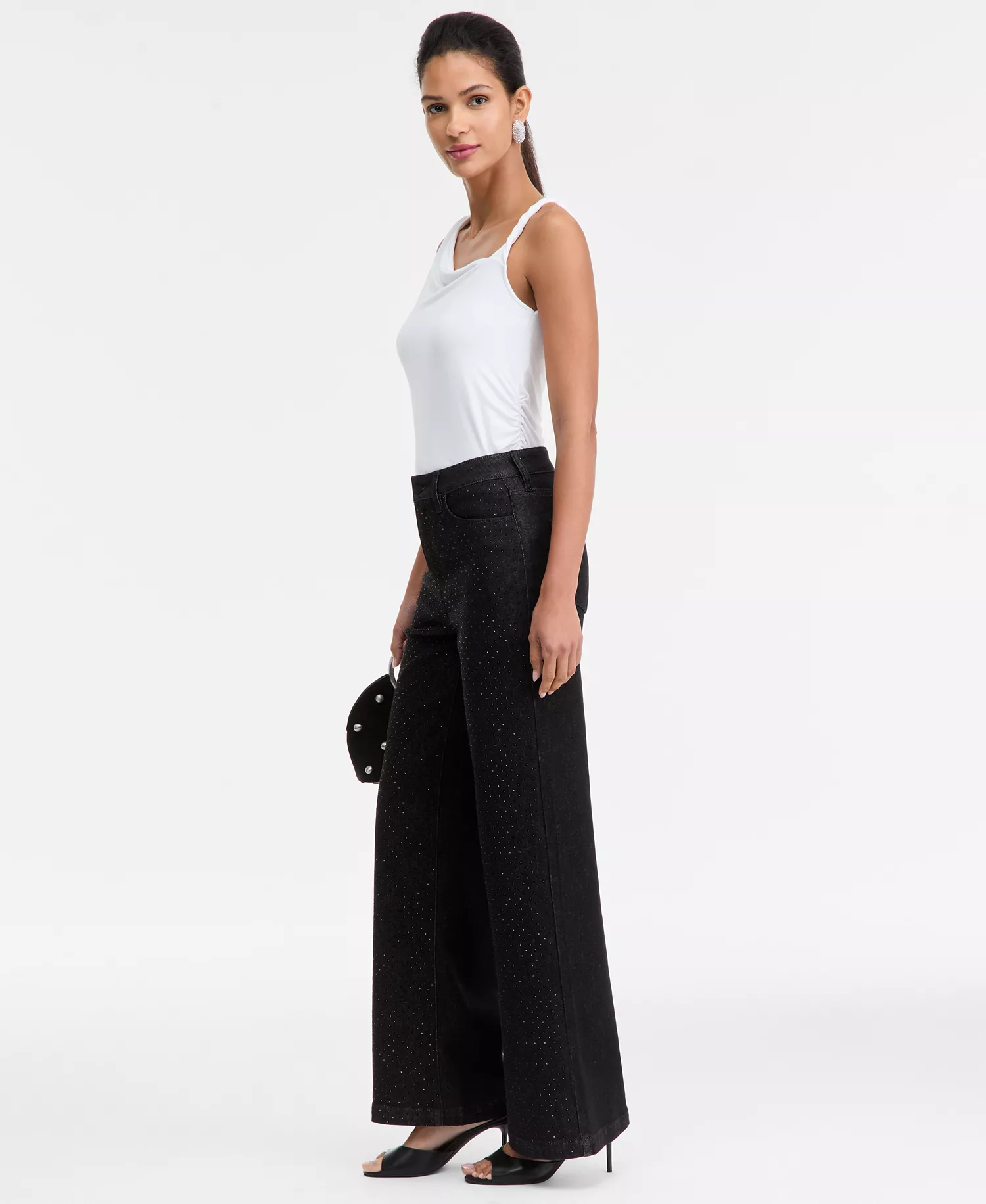 Women's High-Rise Wide-Leg Embellished Jeans, Macy's Exclusive  - Washed Bla - 10