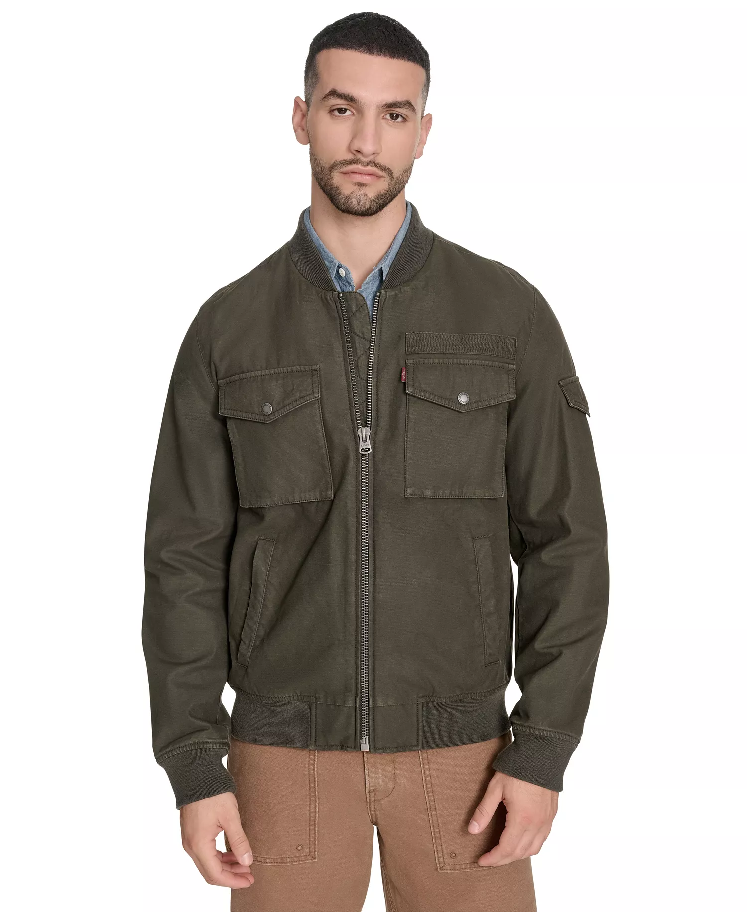 Men's Cotton Military Bomber Jacket - Light Olive - 2XL