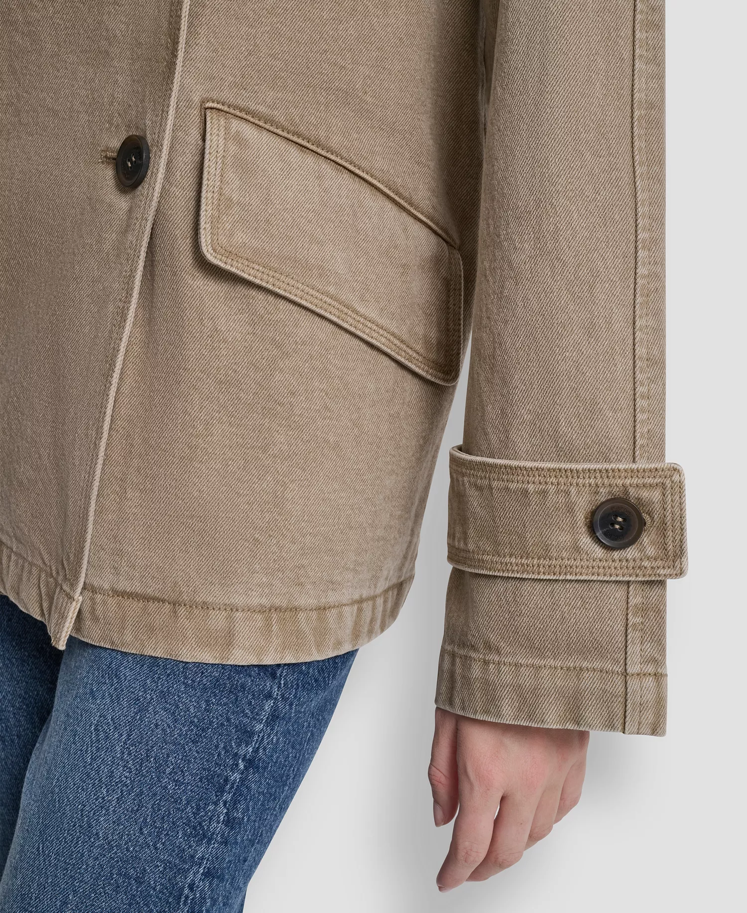 Women's Denim Double Breasted A-Line Coat - Khaki - L