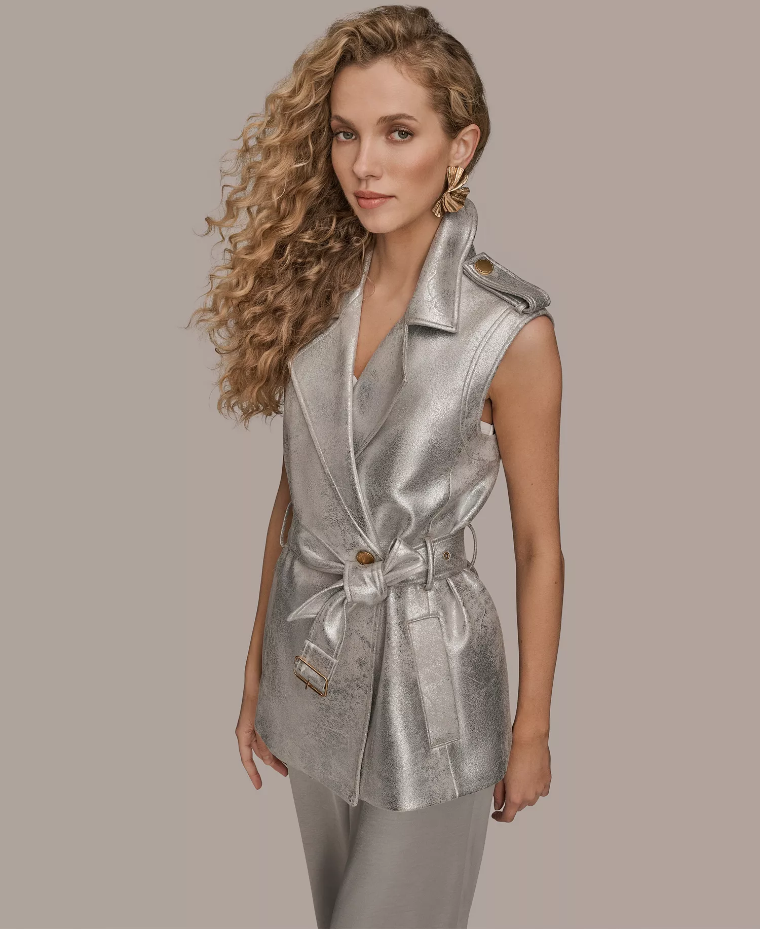 Women's Notch Lapel Collar Metallic Belted Vest - Vapor - L