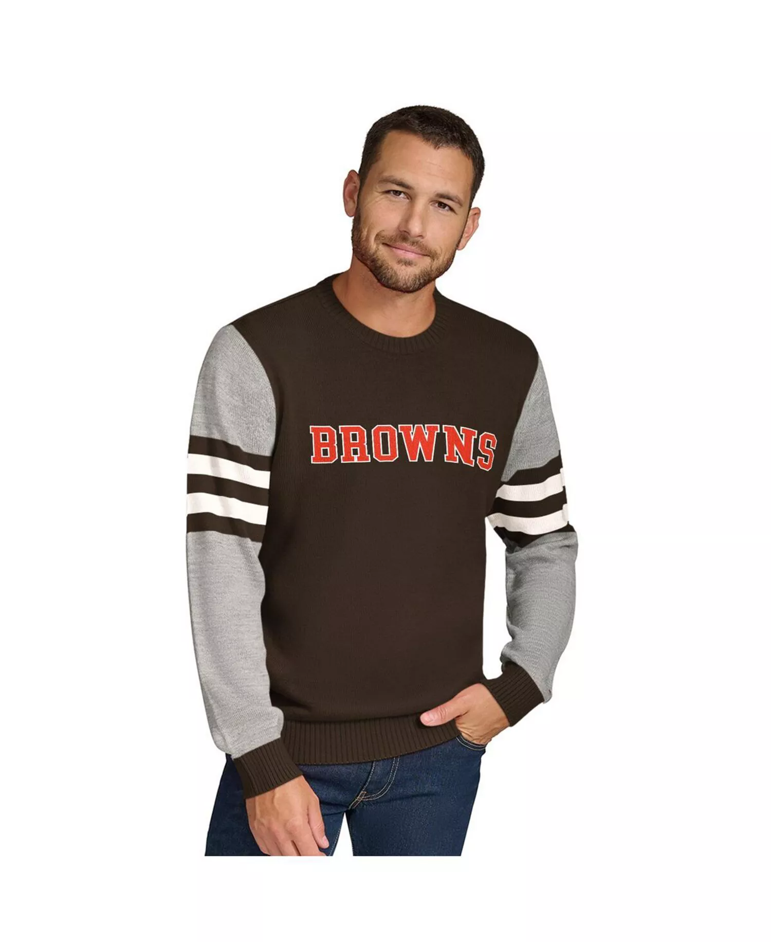 Men's Brown/Heather Gray Cleveland Browns Acrylic Crewneck Pullover Sweatshirt - Brown, Heather Gray - 2XL