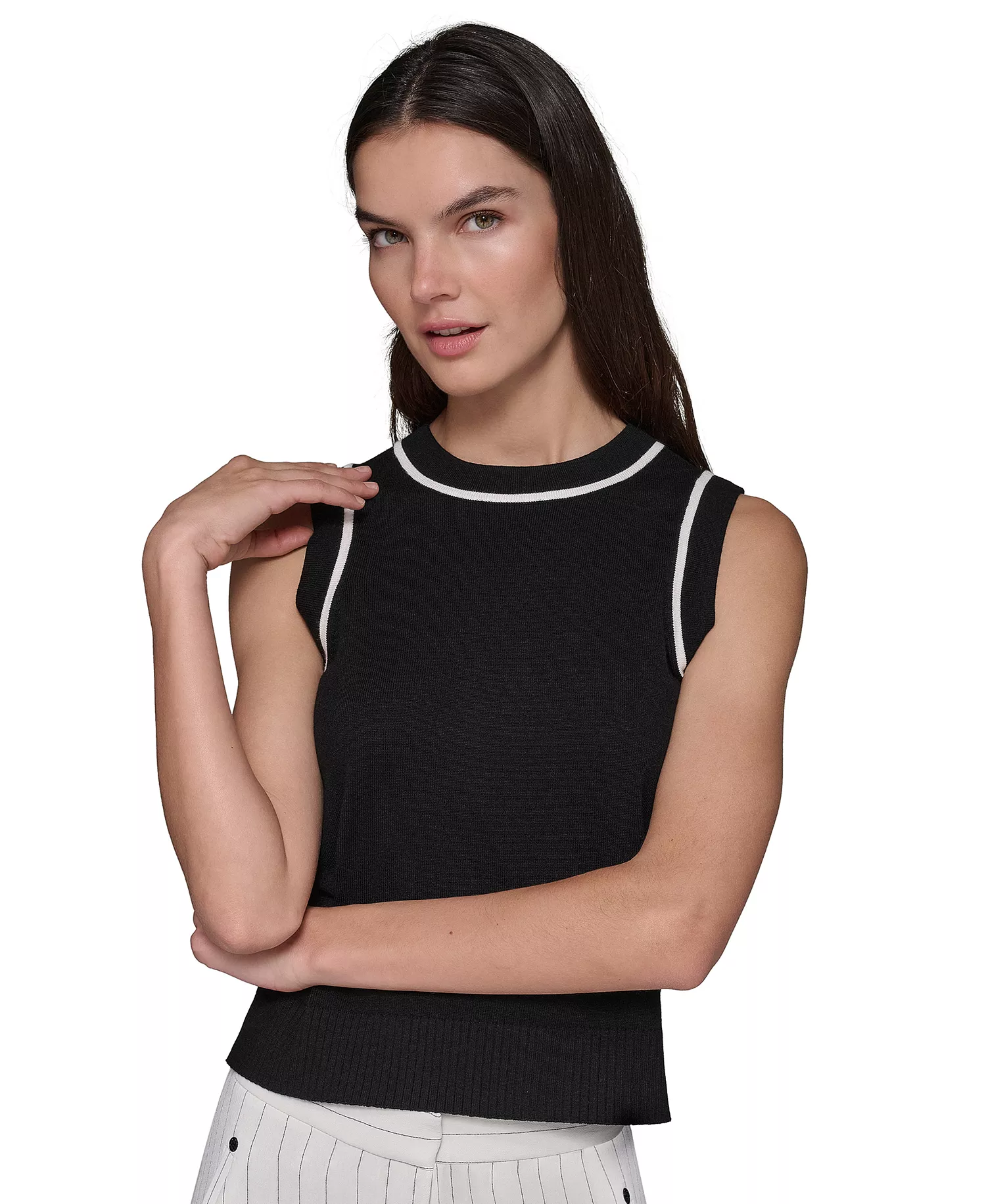 Women's Contrast-Trim Sleeveless Sweater - Black - L