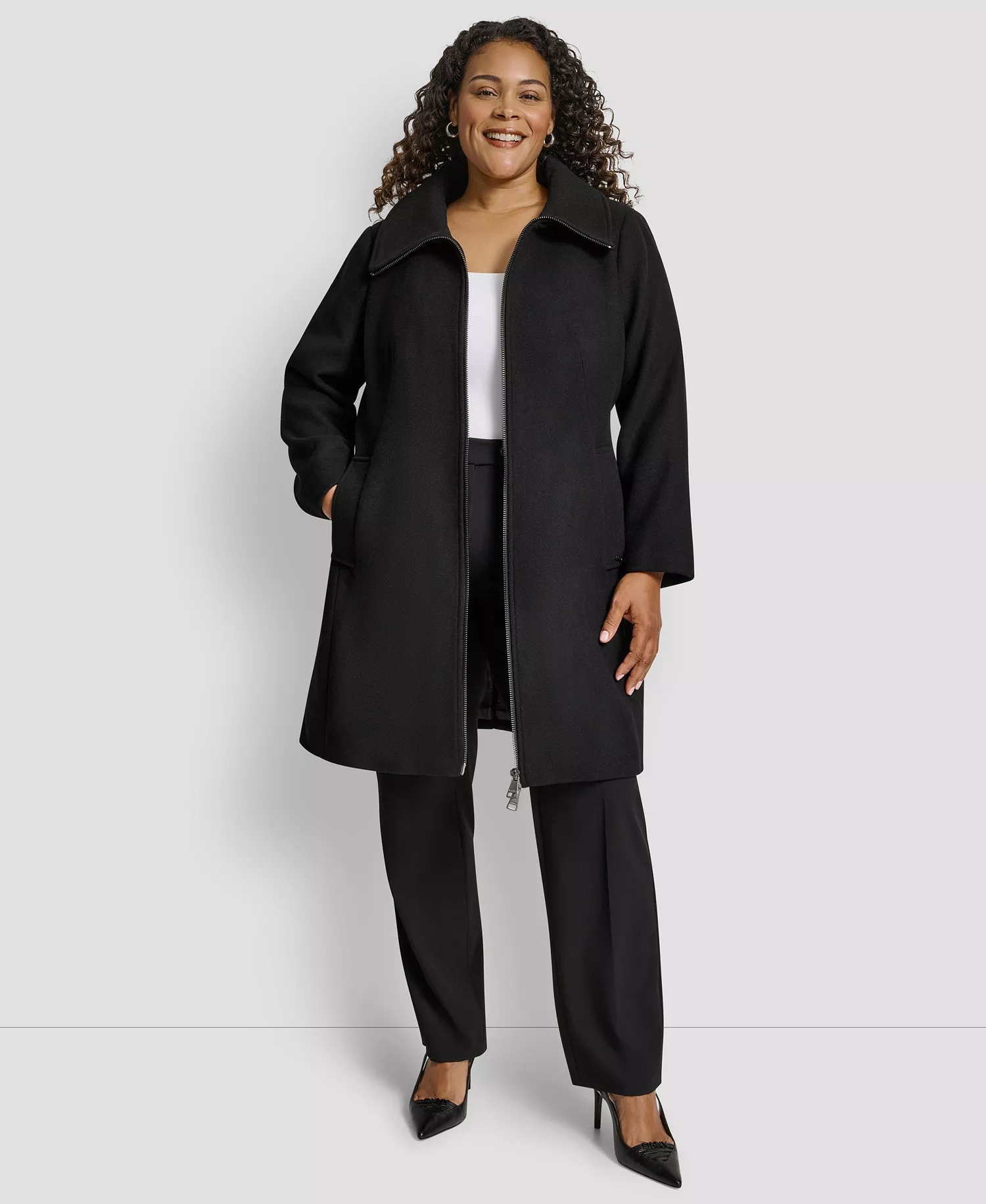 Plus Size Belted Zip-Up Wool Coat - Black - 0X