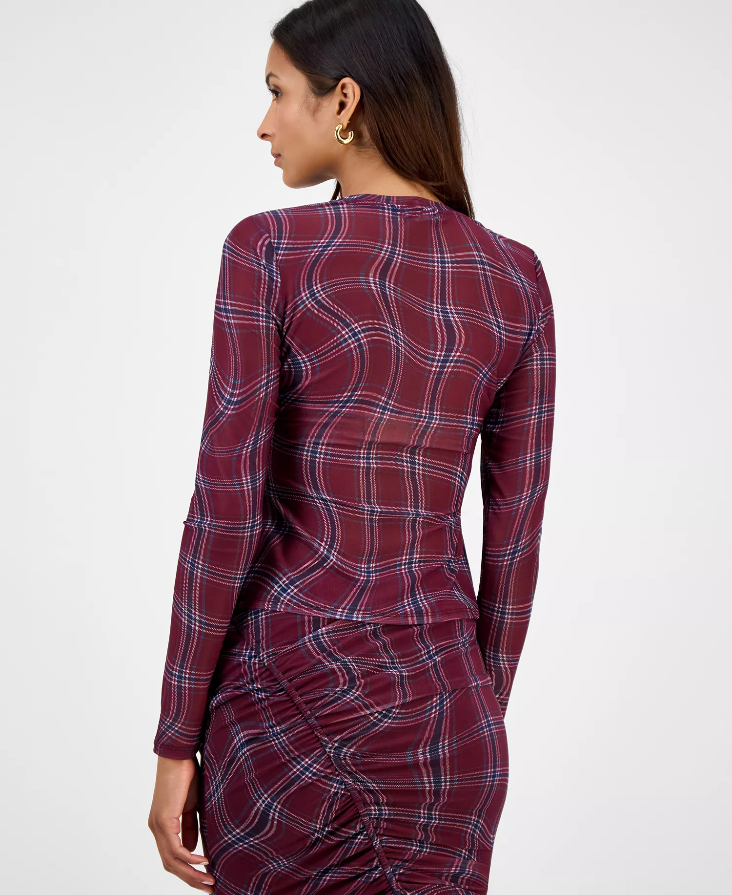 Women's Plaid Mesh Long-Sleeve Top, Macy's Exclusive - Dried Berry - XXS