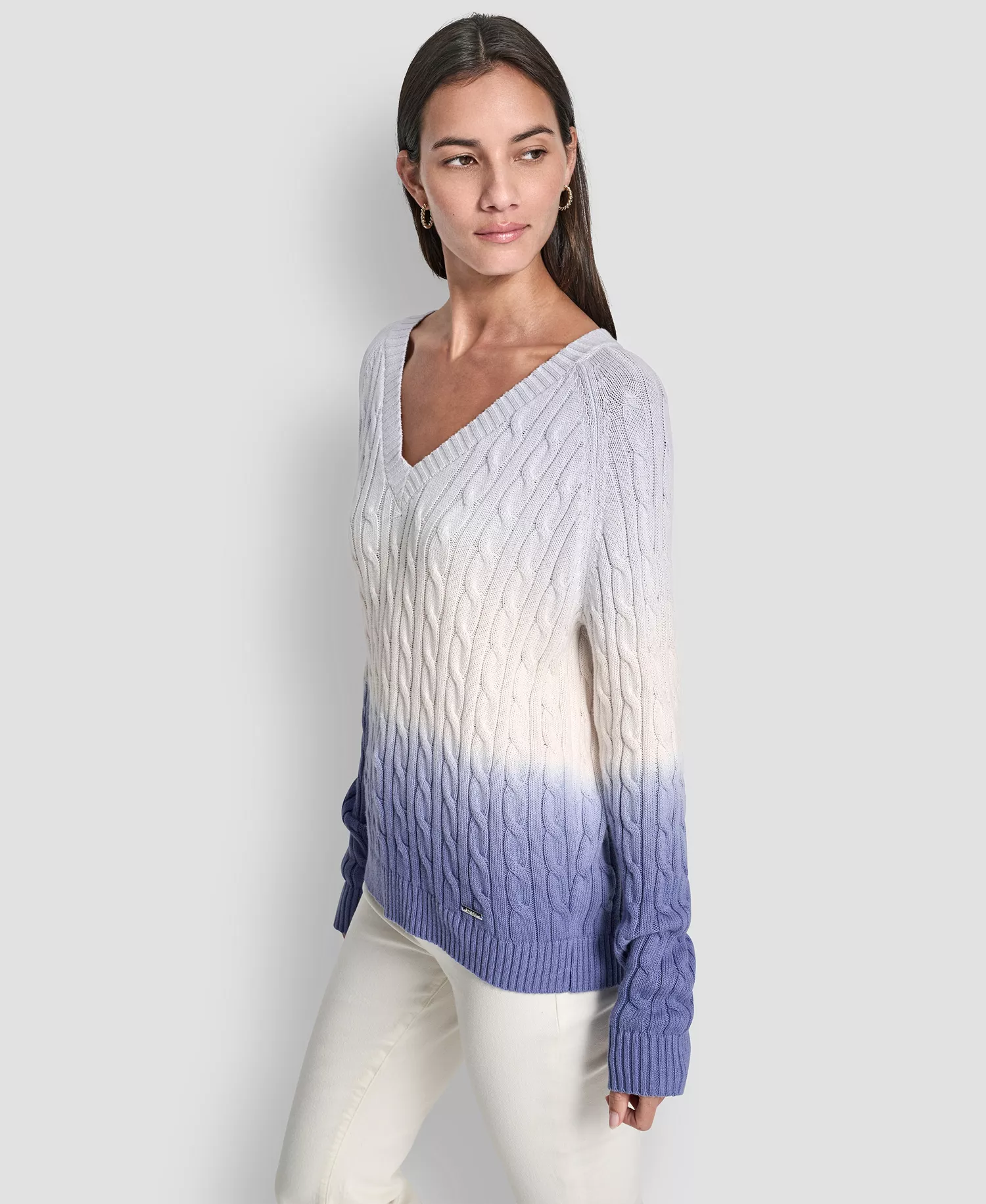 Women's Deep Dye V-Neck Cable Sweater - Frost Blue Combo - L