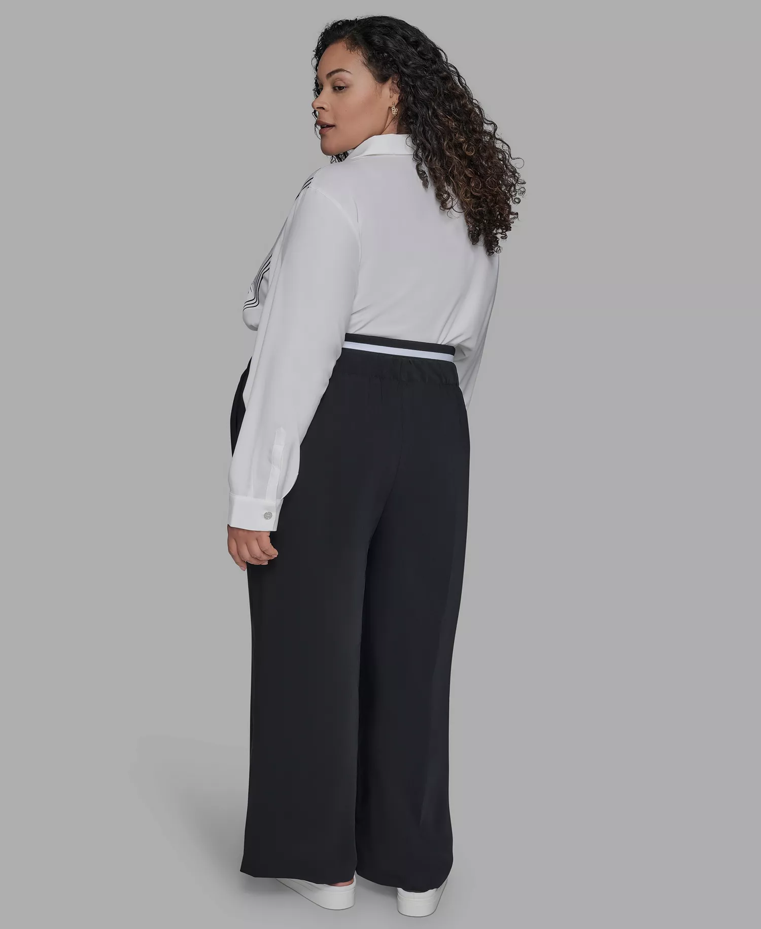 Plus Size Double Waistband Long Casual Pants - Black - 0X