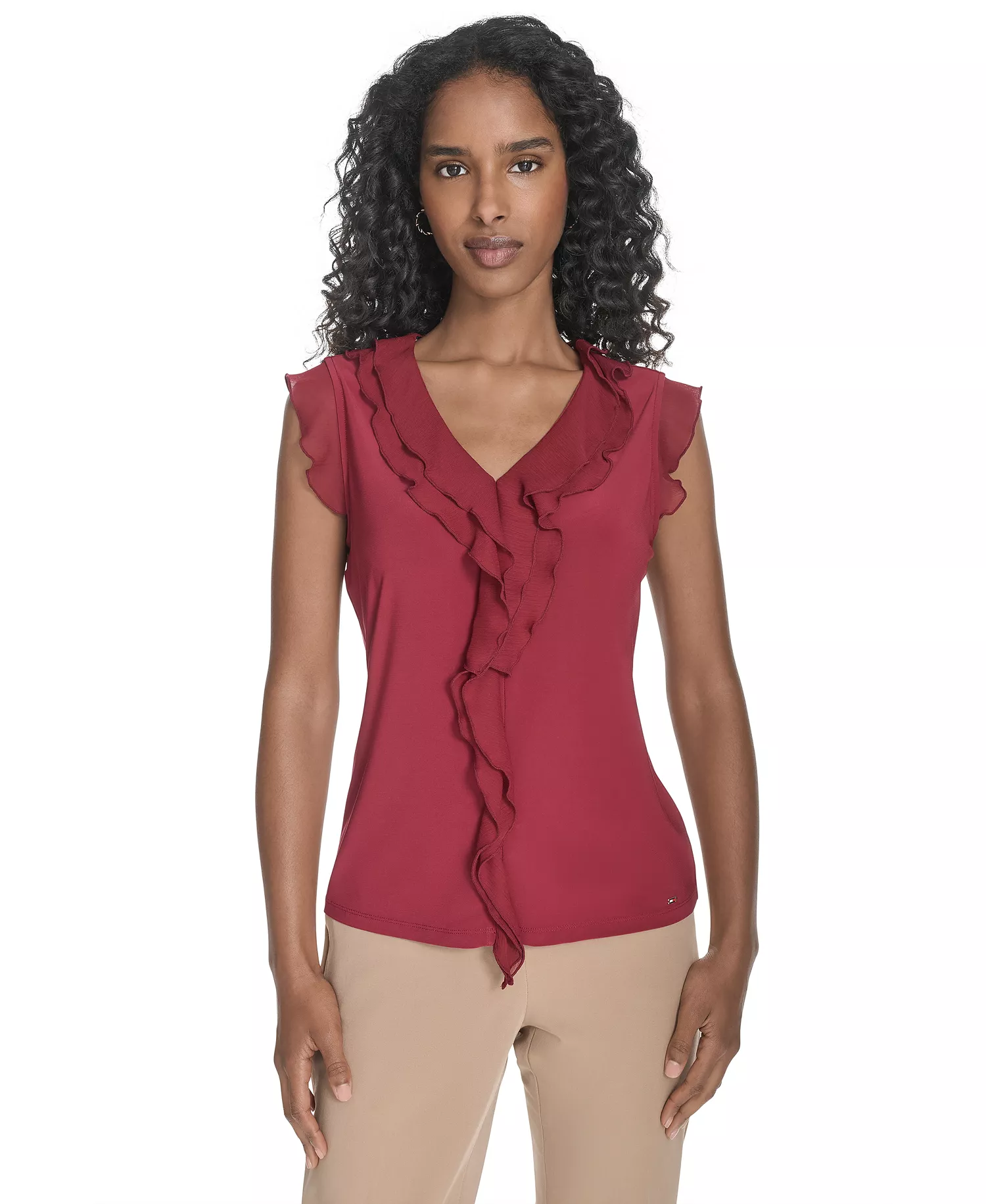 Women's Ruffled Mixed-Media Top - Crimson - L