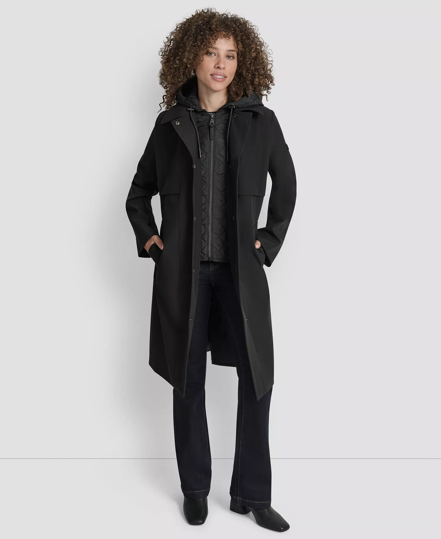 Women's Hooded Bibbed Belted Trench Coat - Black - L