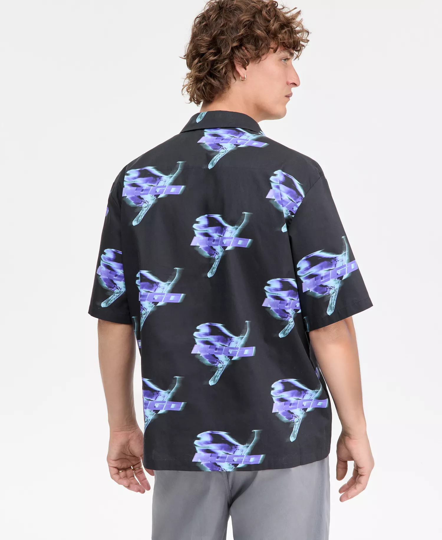 Eligino Short Sleeve Logo Print Button-Front Camp Shirt - black - 2XL