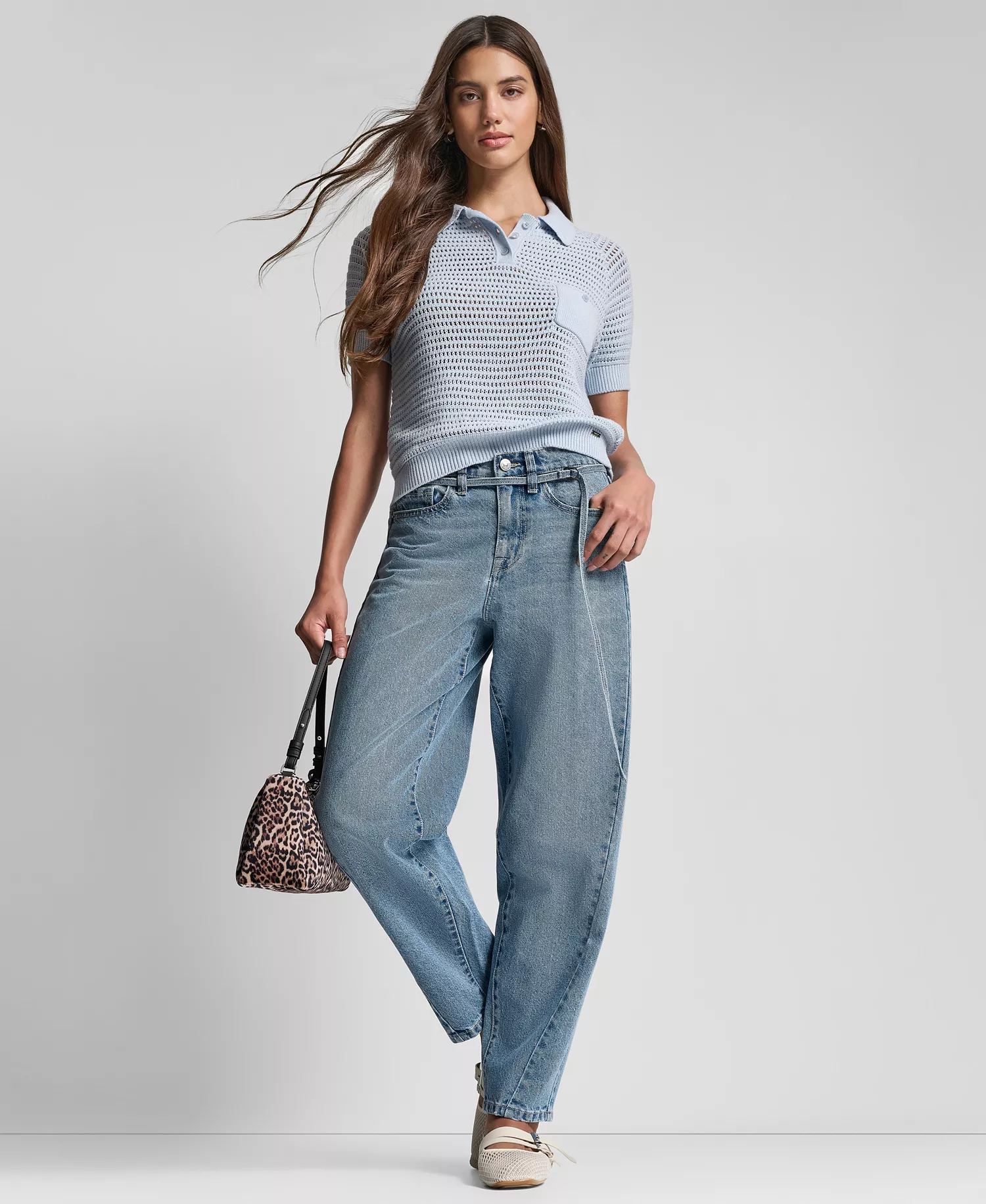 Women's Short-Sleeve Polo Collar Faux Crochet Stitch Sweater - Frost Blue - L