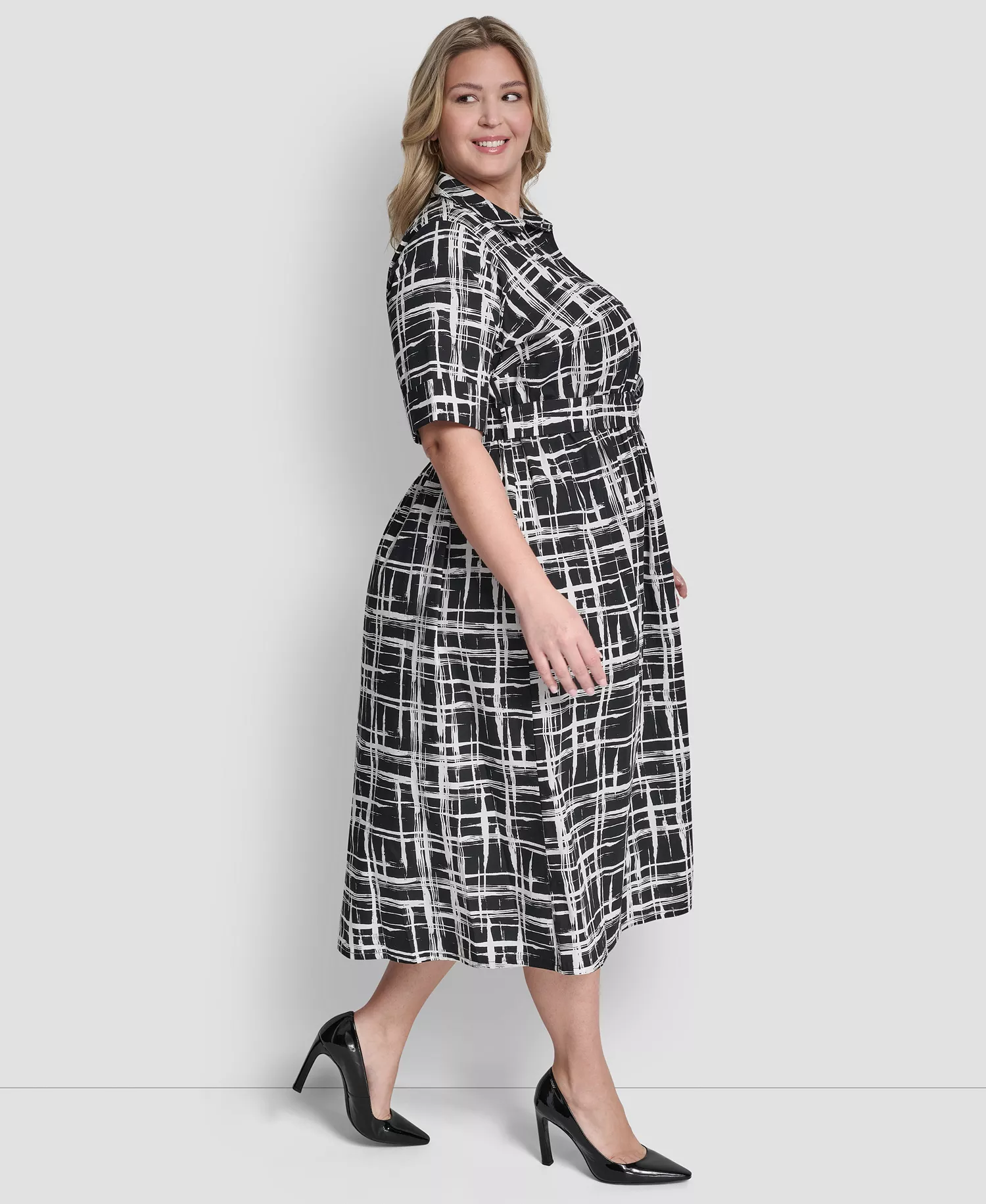 Plus Size Collared Button Down Dress - Black/Ivory - 14W
