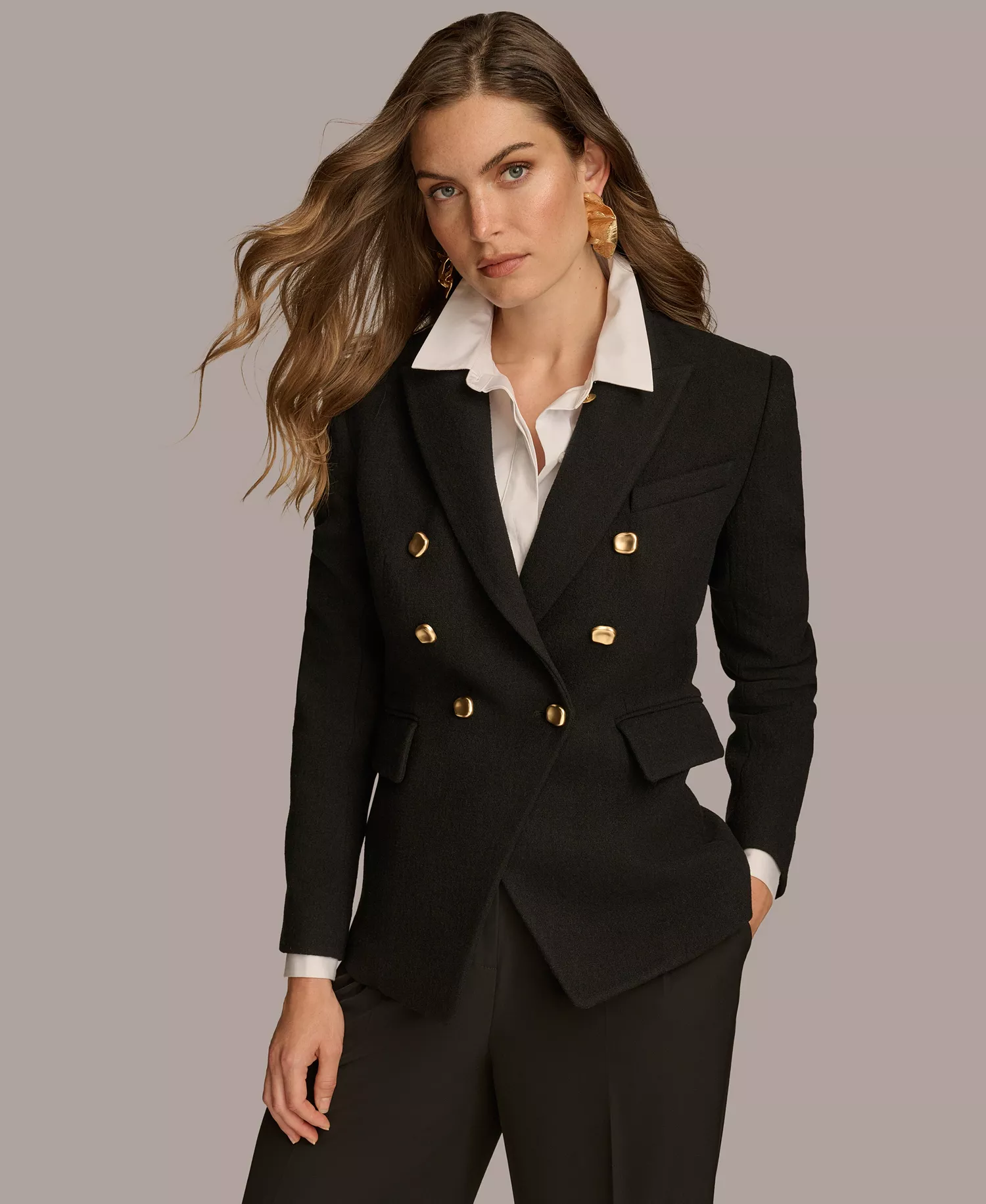 Women's Double Breasted Buttoned Blazer - Black - L