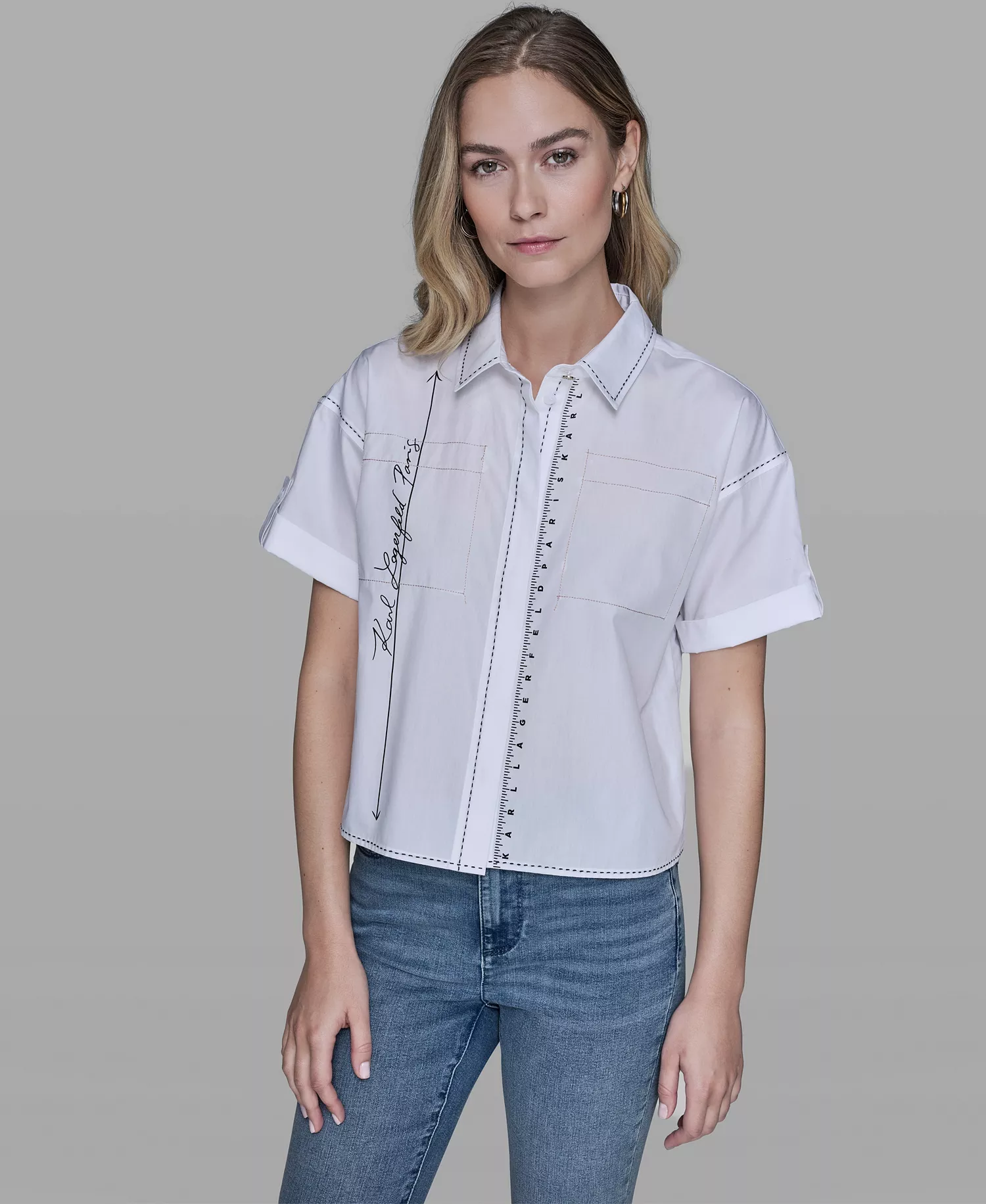 Women's Collared Short-Sleeve Blouse - White - L