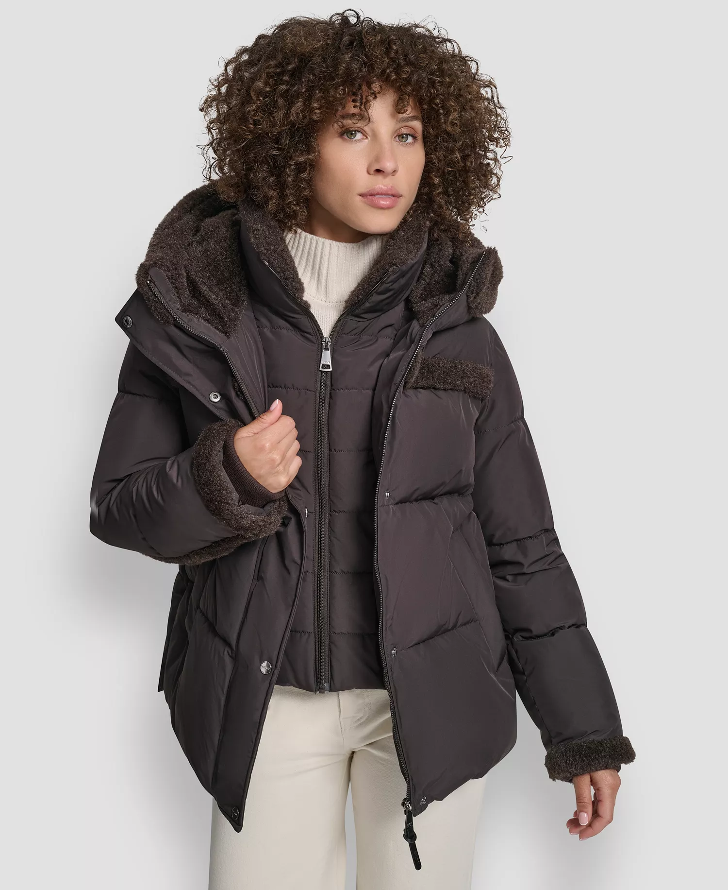Women's Detailed Hooded Puffer Coat - Bitter - L