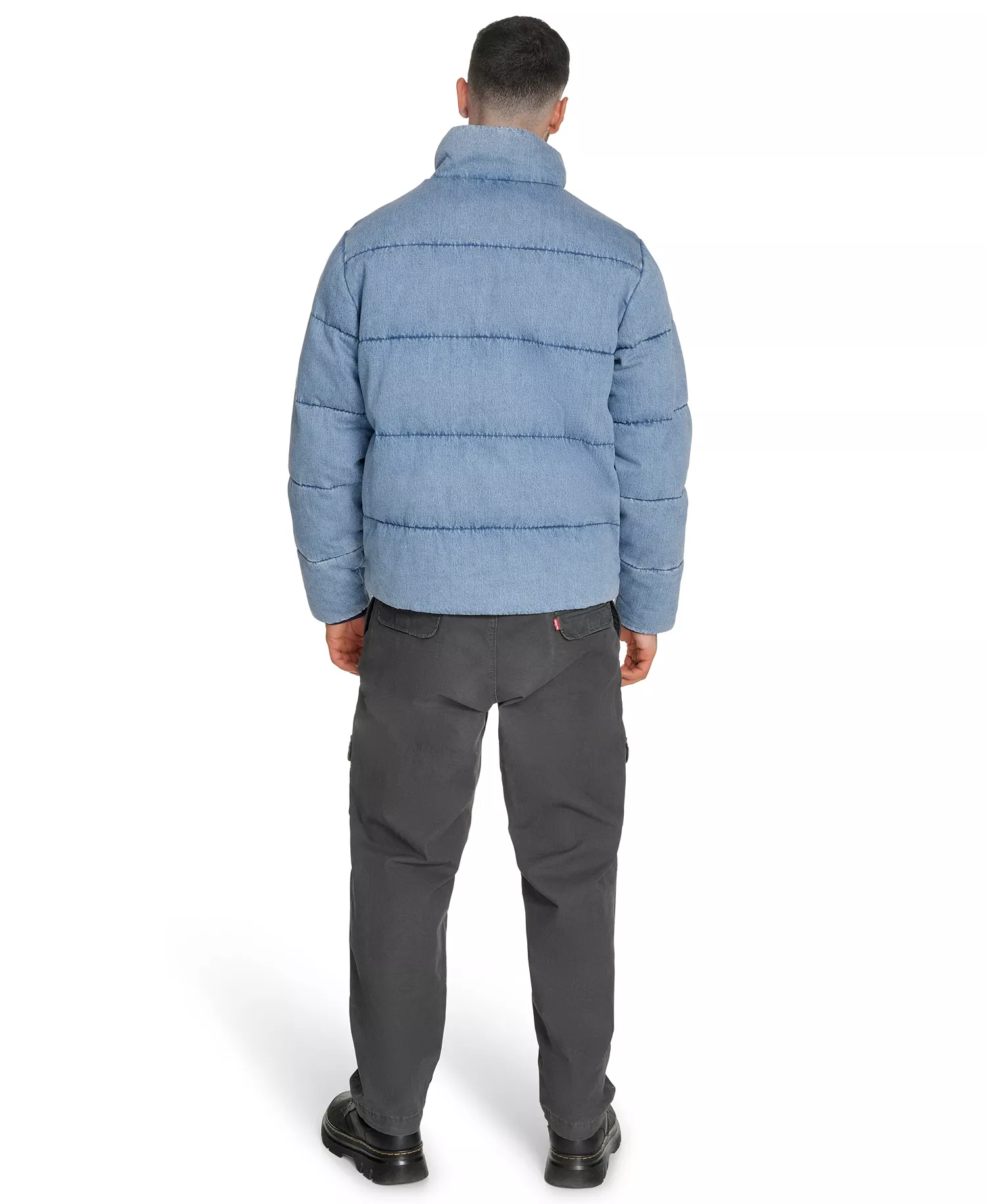 Men's Denim Quilted Puffer Jacket - Light Wash Denim - 2XL
