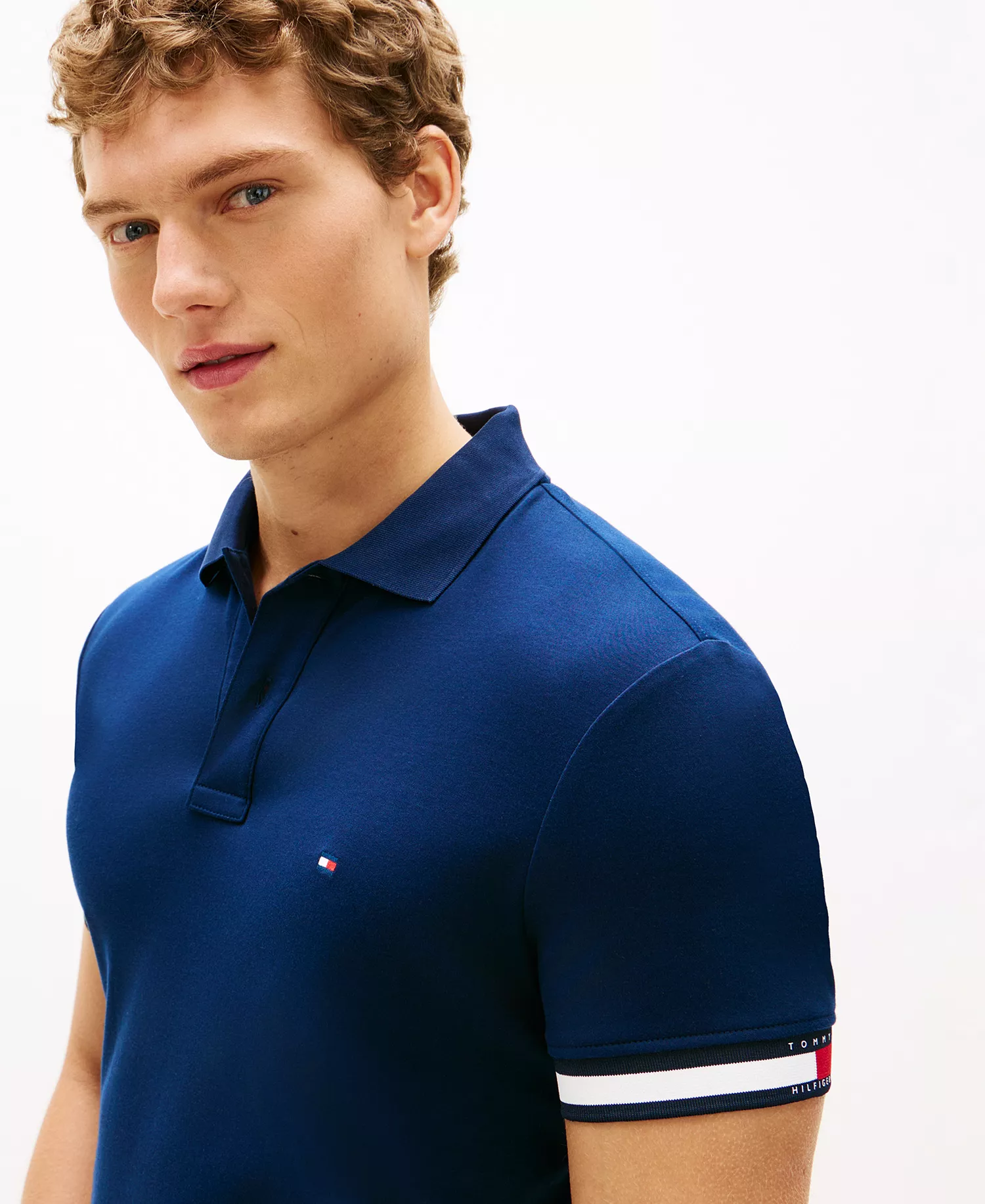 Men's Liquid Cotton Red, White, and Blue Cuff Polo Shirt - Carbon Navy - L