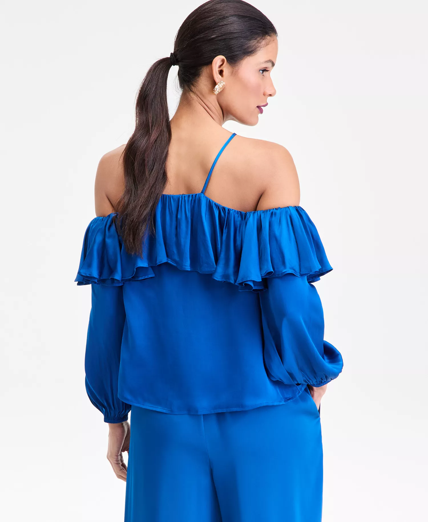 Women's Long-Sleeve Cold-Shoulder Ruffle Blouse, Macy's Exclusive - Cobalt Dream - L