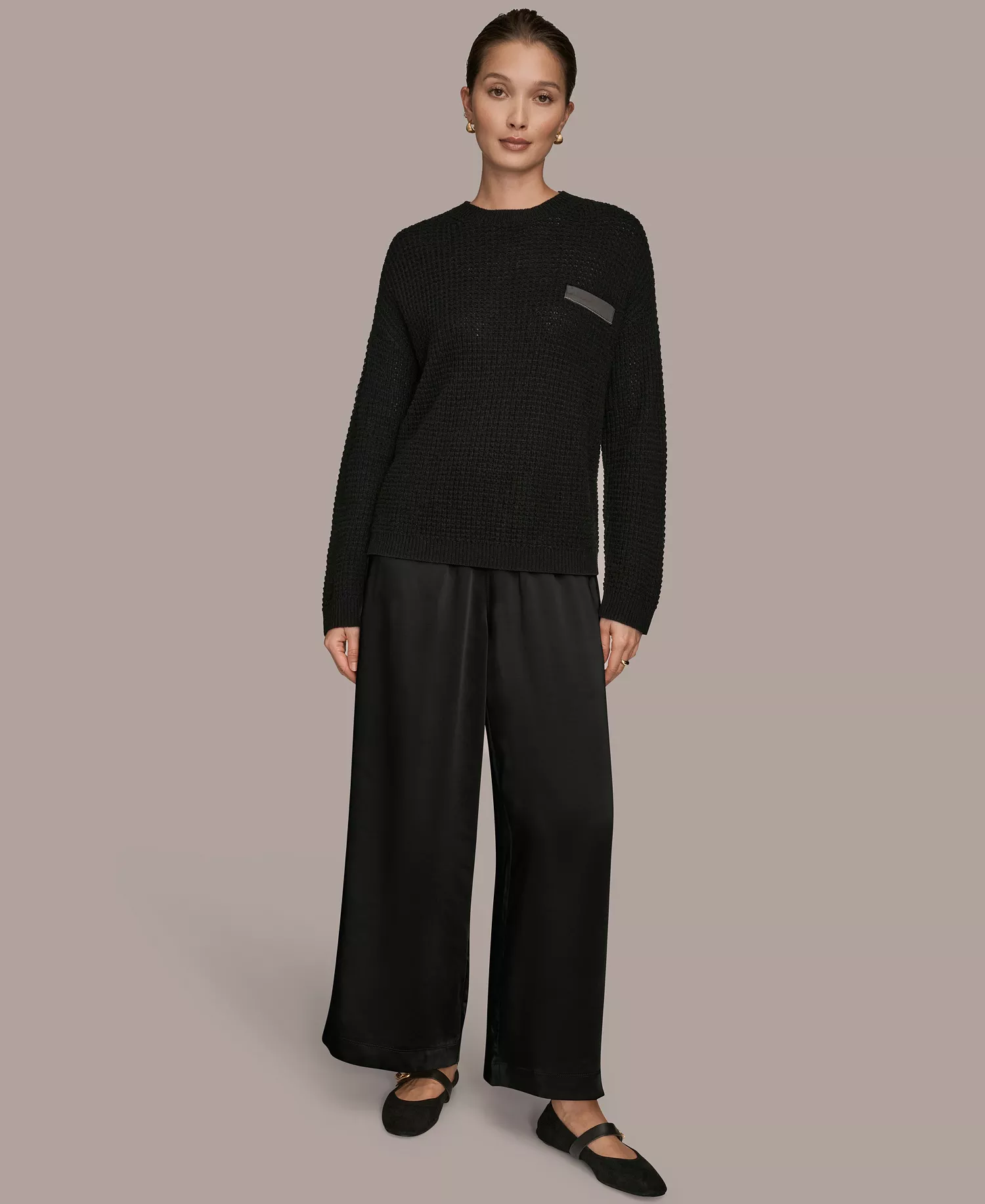 Women's Long-Sleeve Wool Cashmere Blend Waffle Stitch Sweater with Chest Pocket - Black/Silver - L