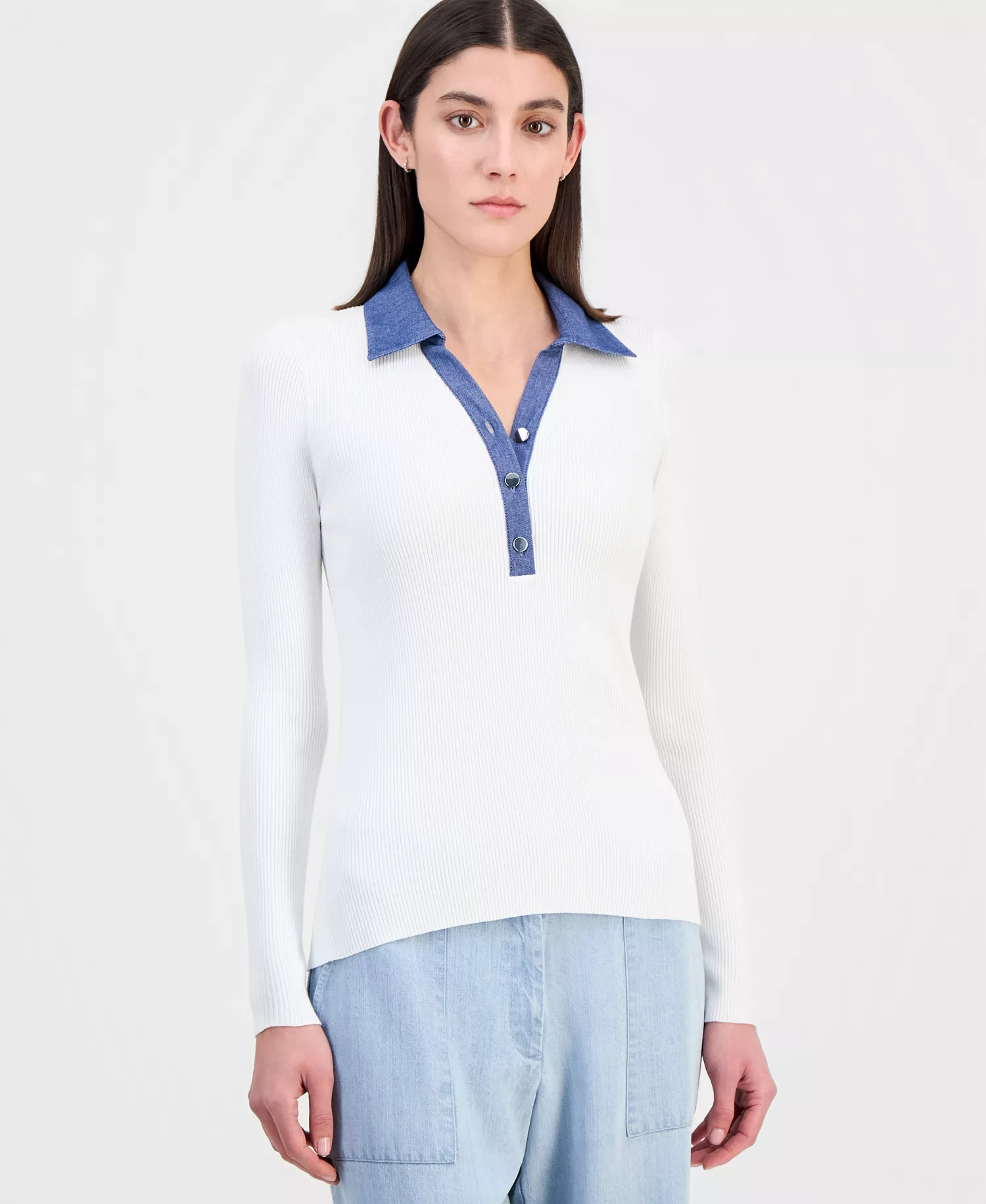 Women's Contrast Collared Ribbed Knit Sweater - White Star - L