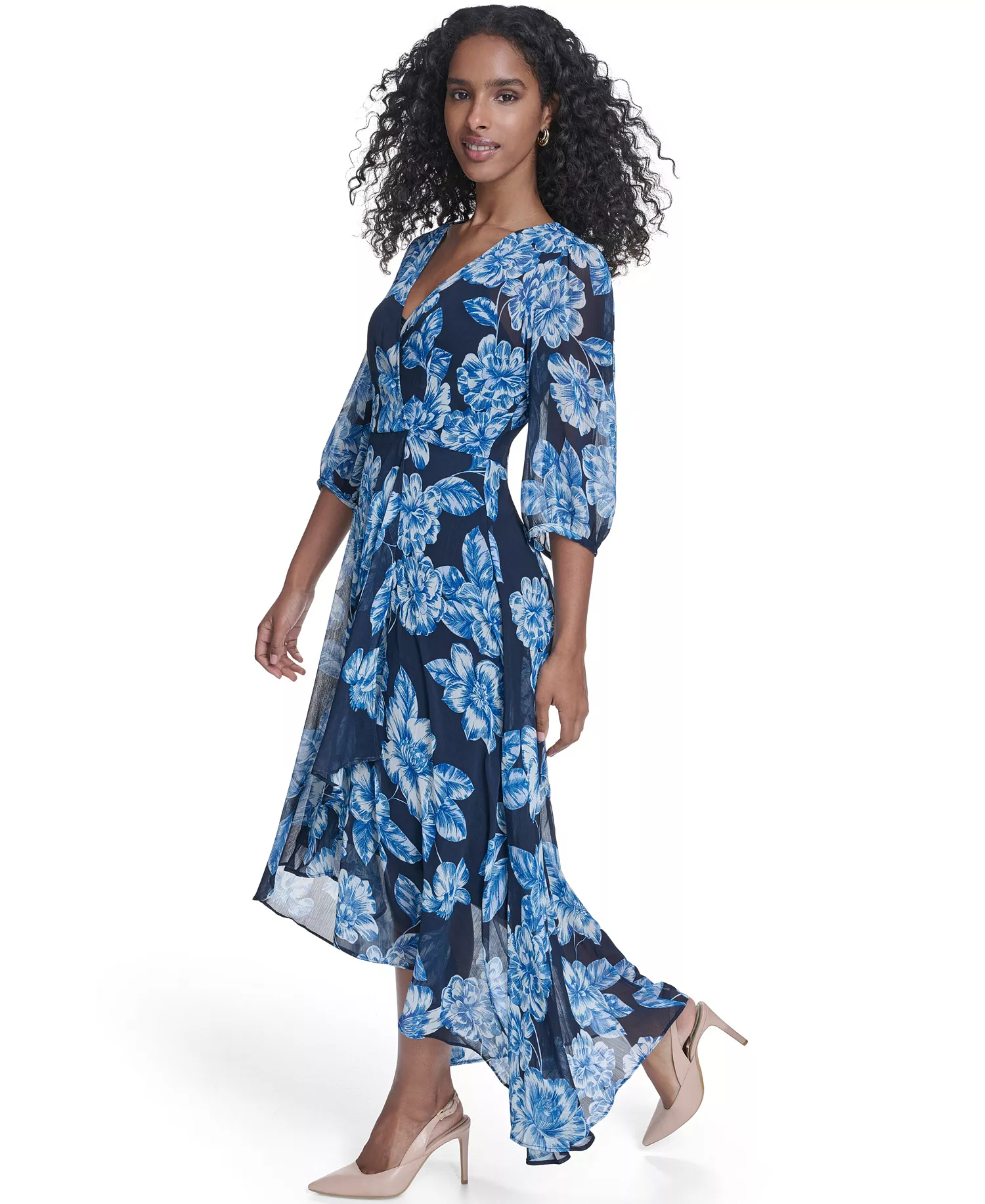 Women's Balloon-Sleeve Faux Wrap Dress - Indigo Multi - 10