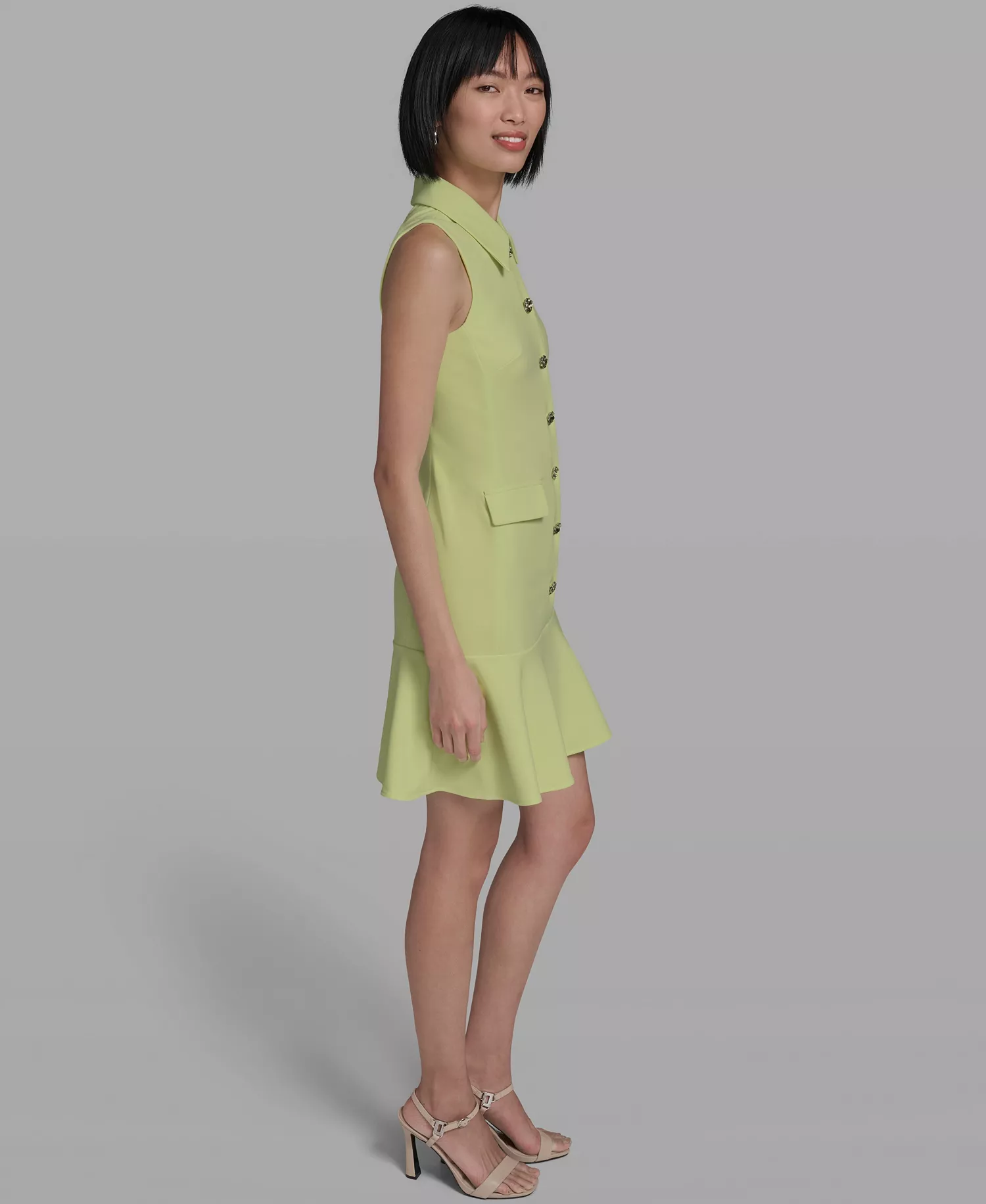 Women's Flower-Button Collared Sleeveless Shift Dress - Tea Green - 0