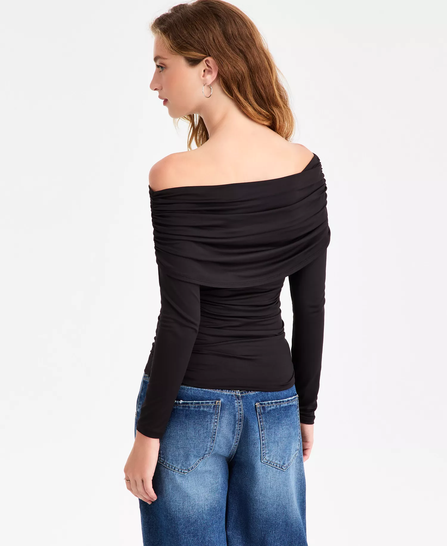 Women's Off-The-Shoulder Ruched Knit Top, Macy's Exclusive - Deep Black - L