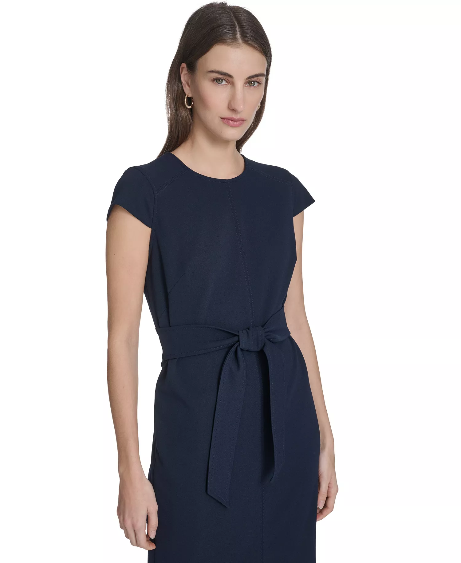 Women's Tie-Front Crew Neck Midi Dress - Indigo - 10