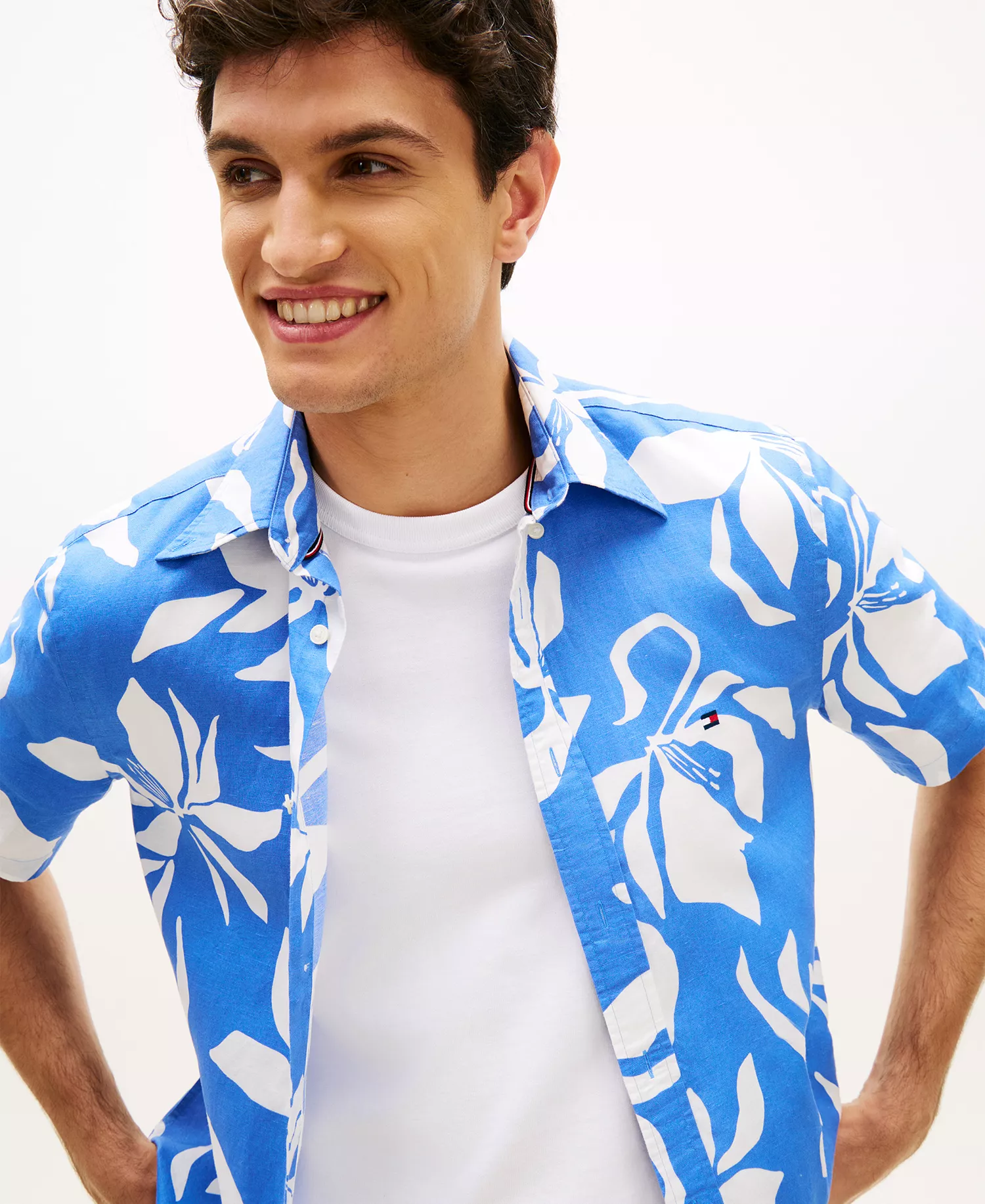 Men's Linen Flower Print Button-Down Shirt - Blue Spell / Allover - L