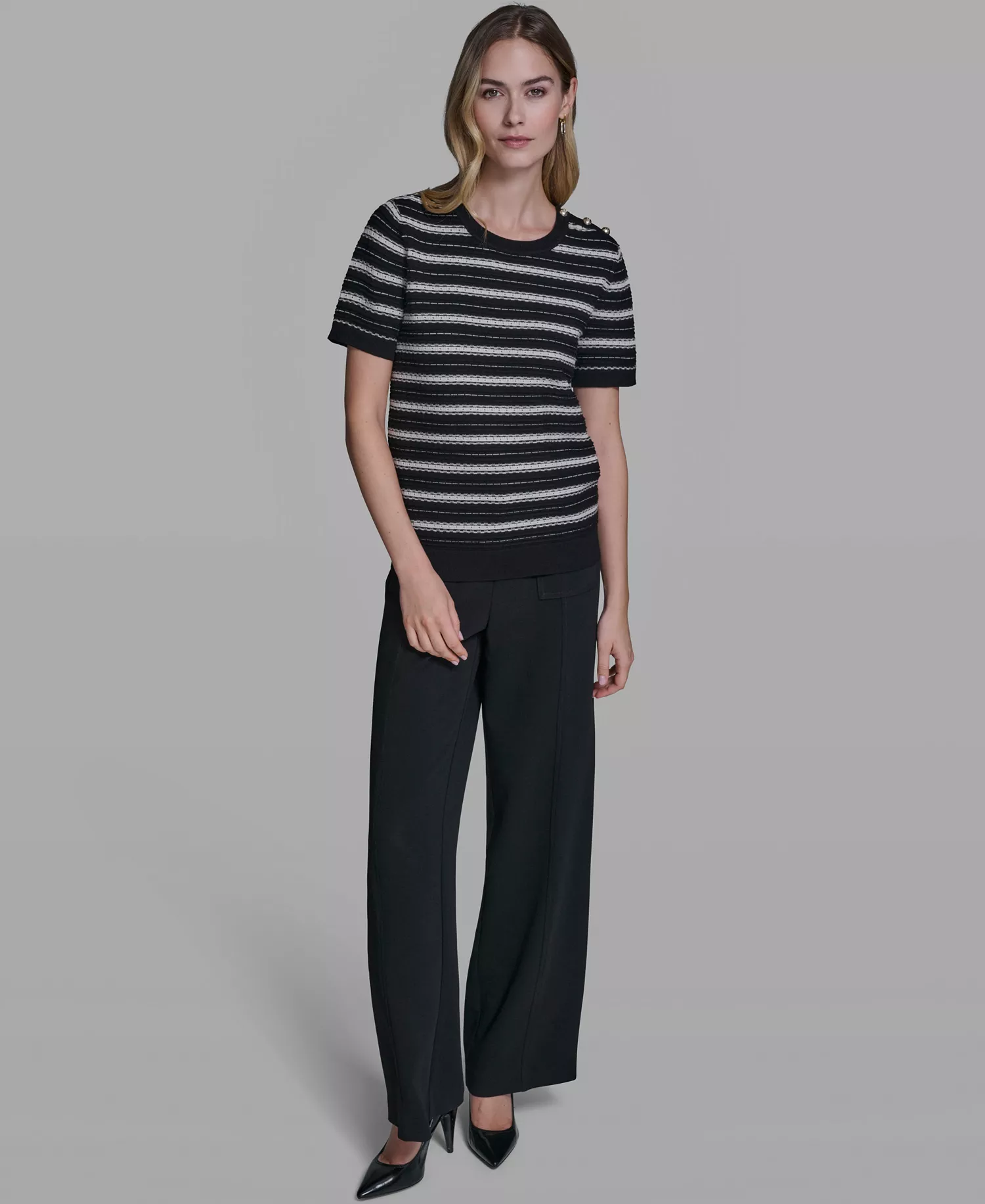 Women's Striped Crew Neck Pointelle Sweater - Black/bisque - L