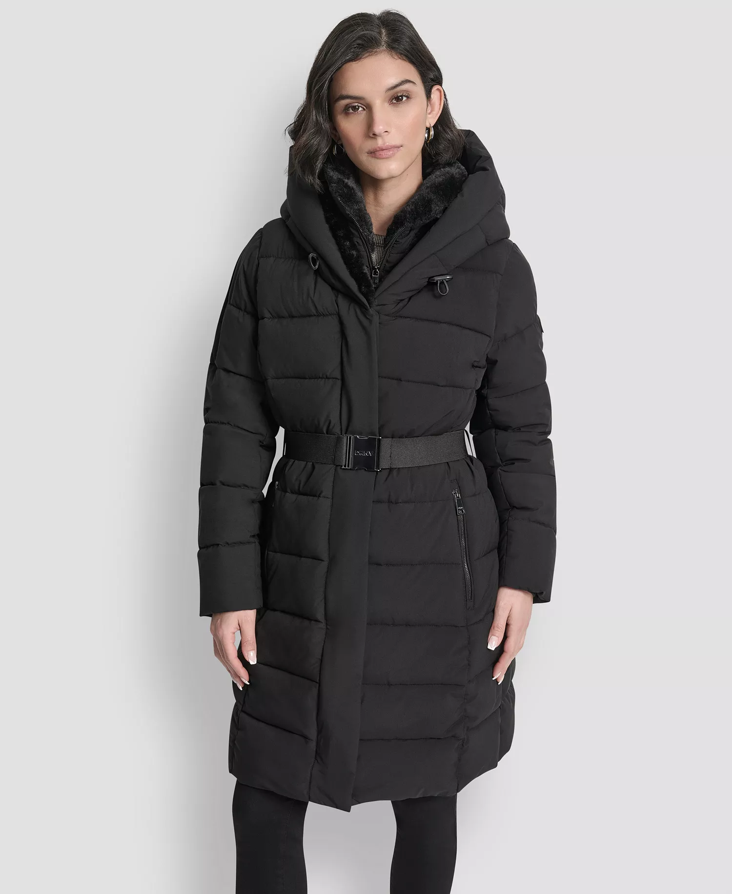 Women's Belted Asymmetrical Zip Front Puffer Coat - Black - M
