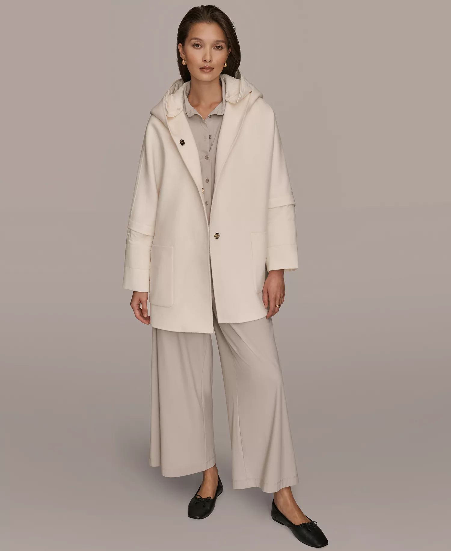 Women's Double Face Wool Cape Coat with Detachable Hood - Cream - L
