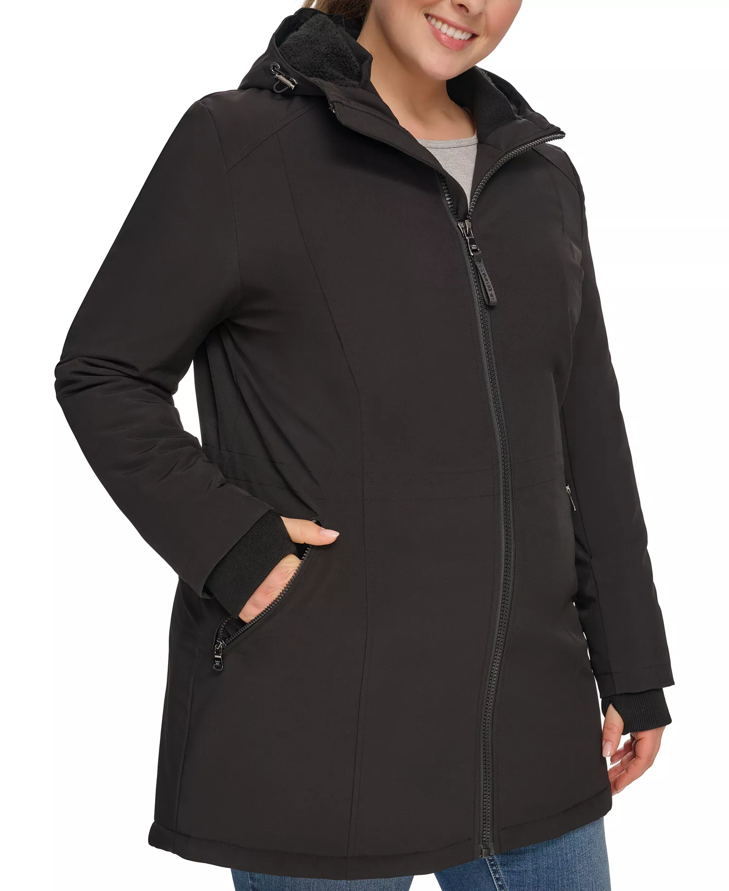 Womens Plus Size Hooded Faux-Fur-Lined Anorak Raincoat, Created for Macys - Black - 1X