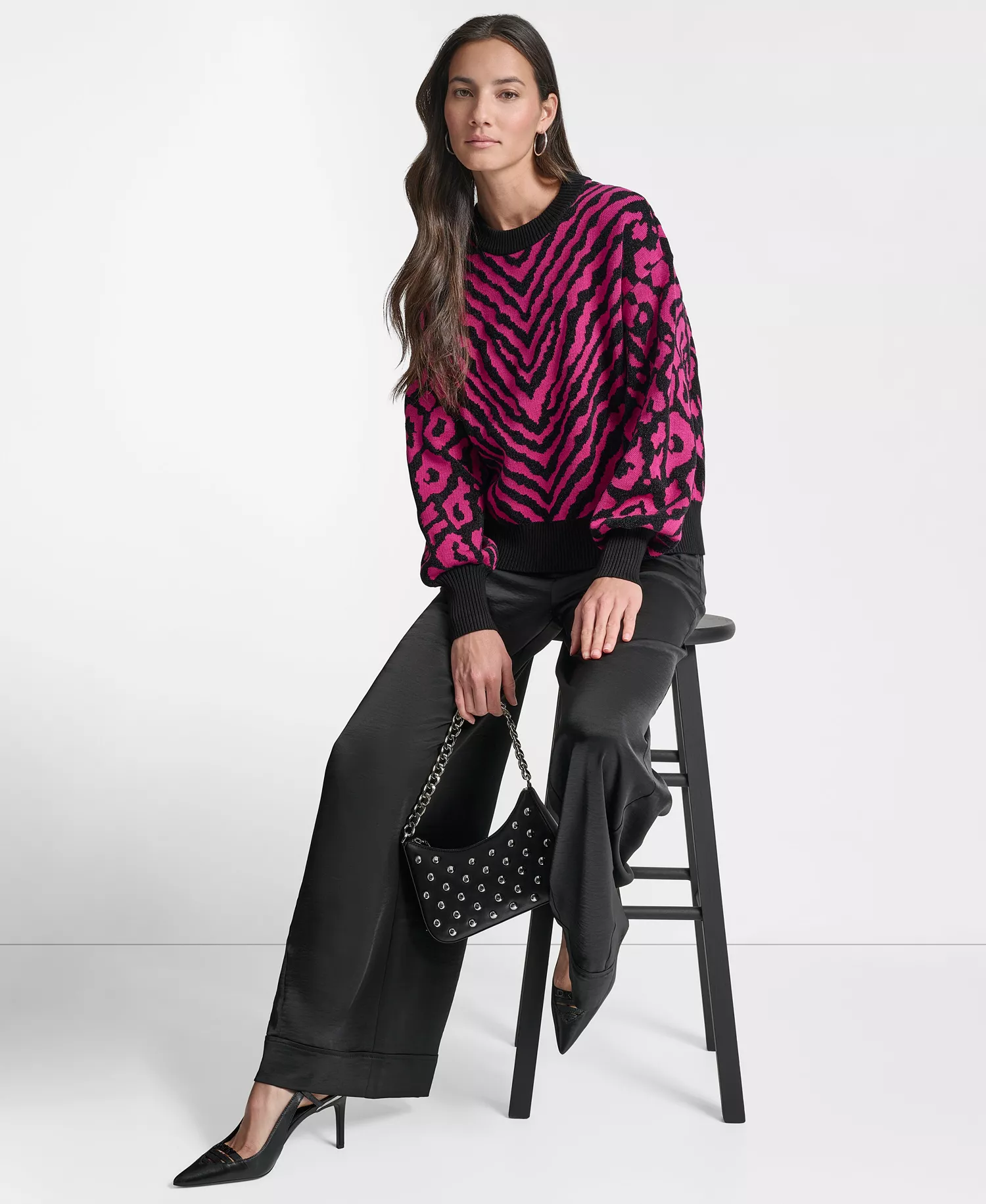 Women's Long-Sleeve Animal-Flocked Sweater - Fuchsia/black - L