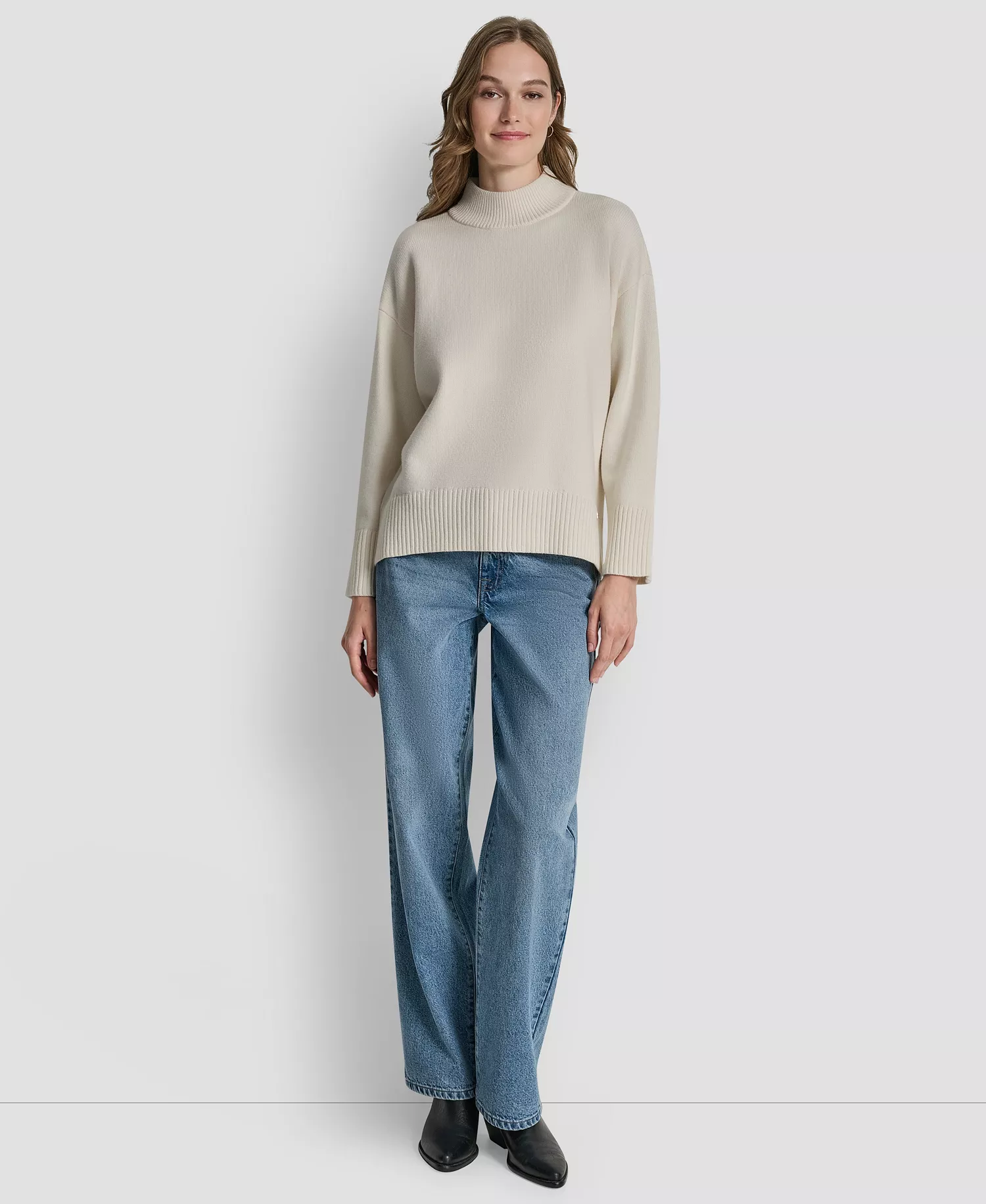 Women's Mock Neck Curved Hem Sweater - Eggnog - XL