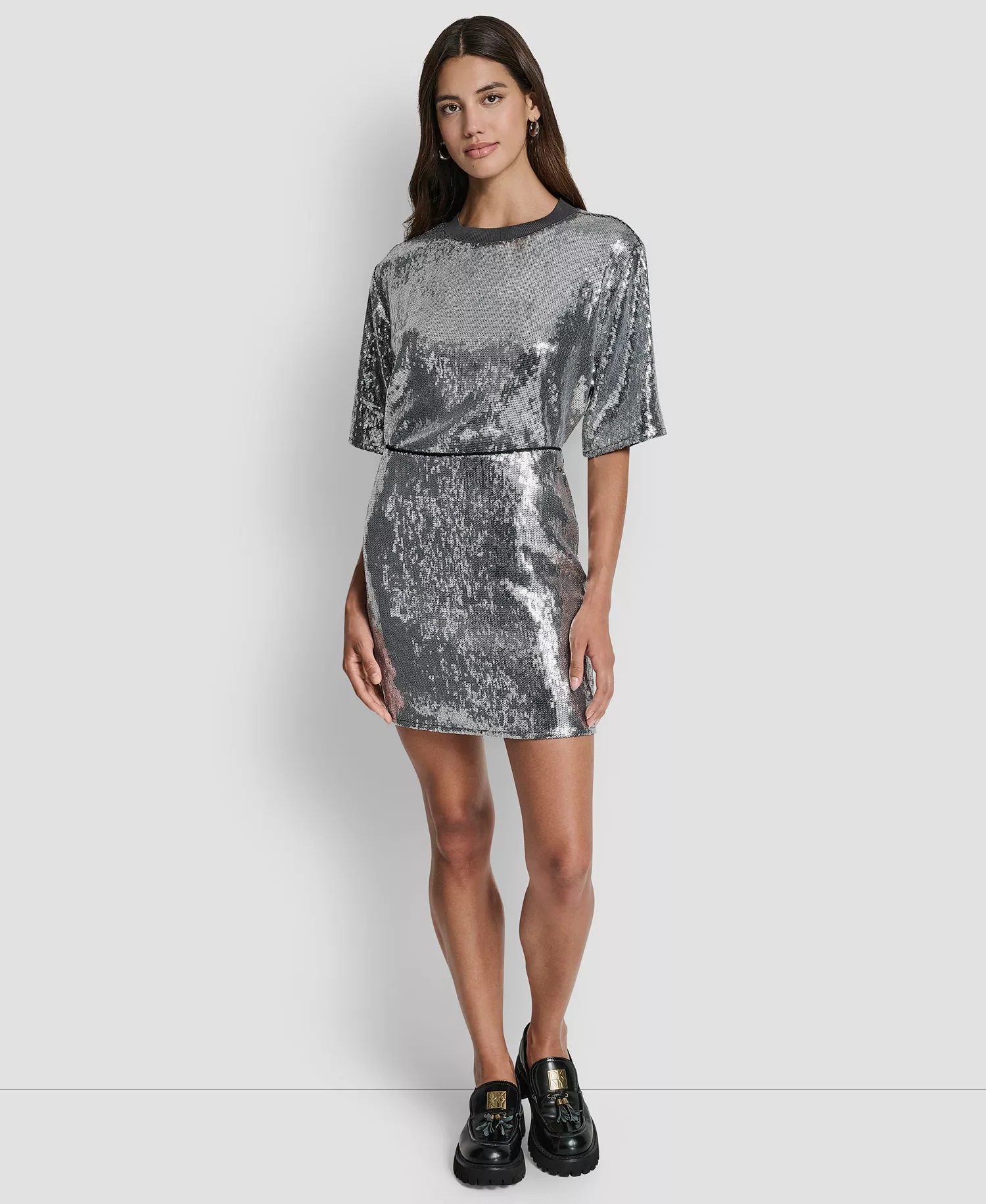 Women's Sequins Crewneck Boxy Short-Sleeve Relaxed T-Shirt - Black/Silver - L