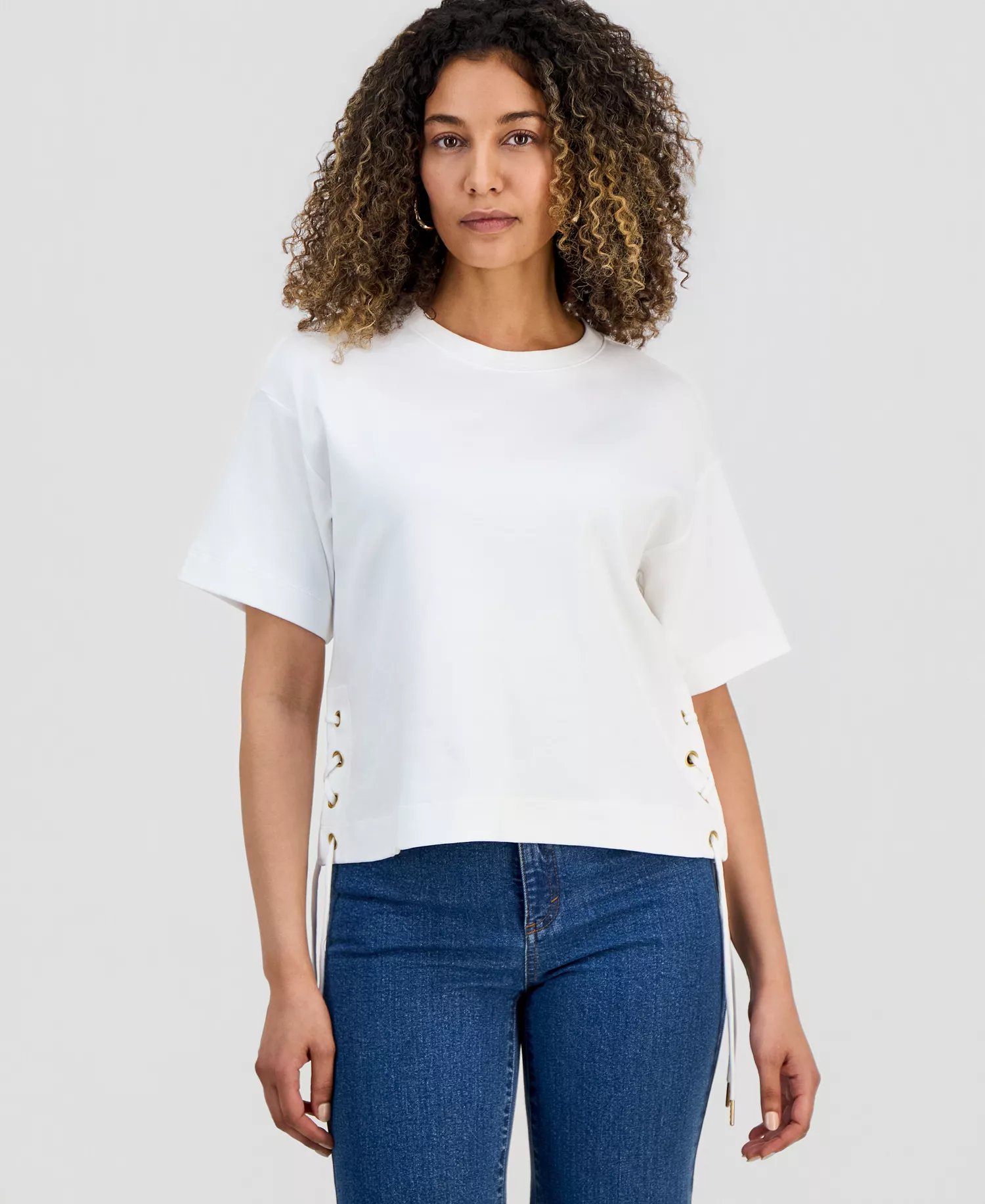 Petite Lace-Up T-Shirt, Macy's Exclusive - Bright White - P/L