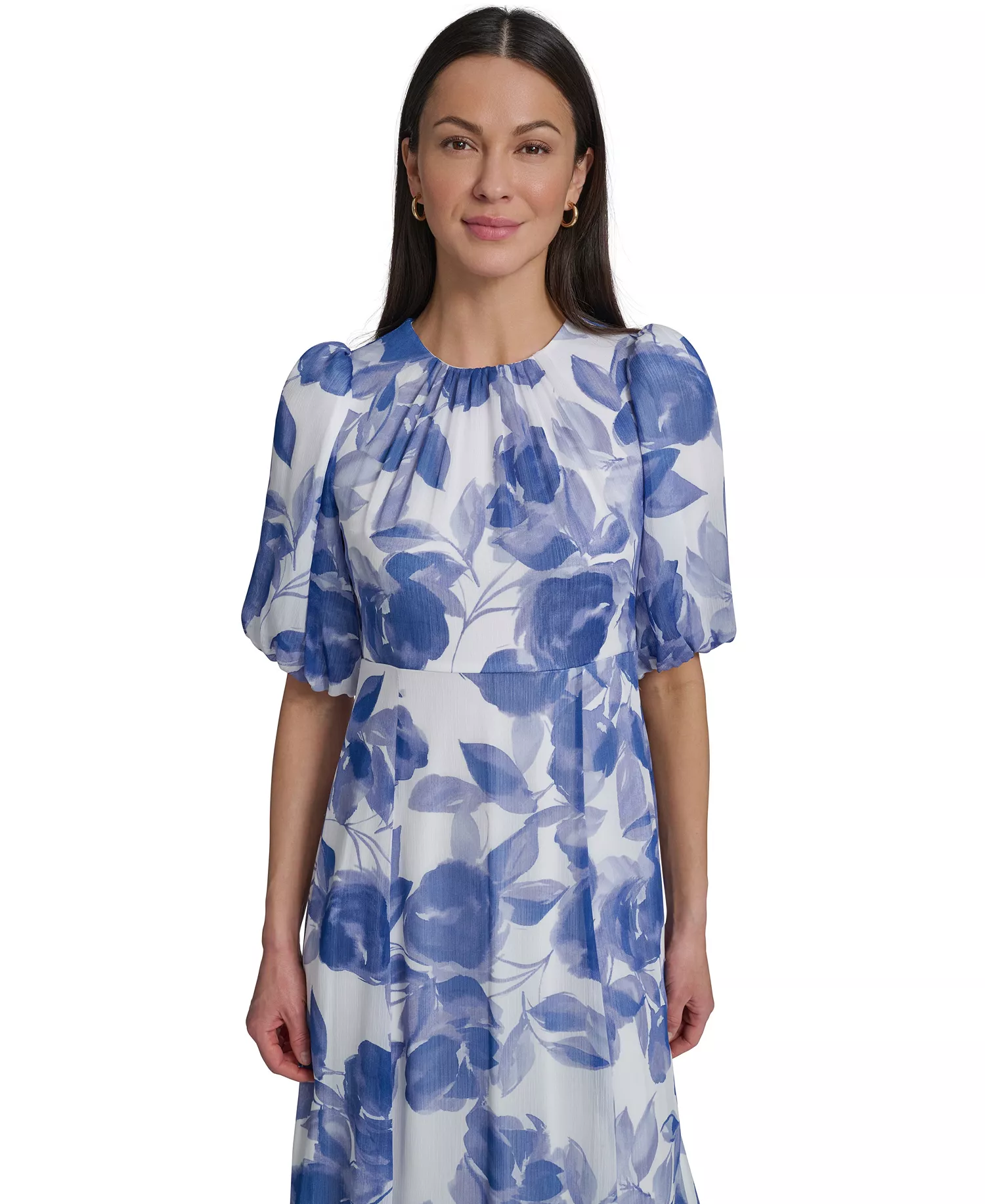 Women's Floral Puff-Sleeve Crewneck Midi Dress - SPRING MIST MULTI - 10