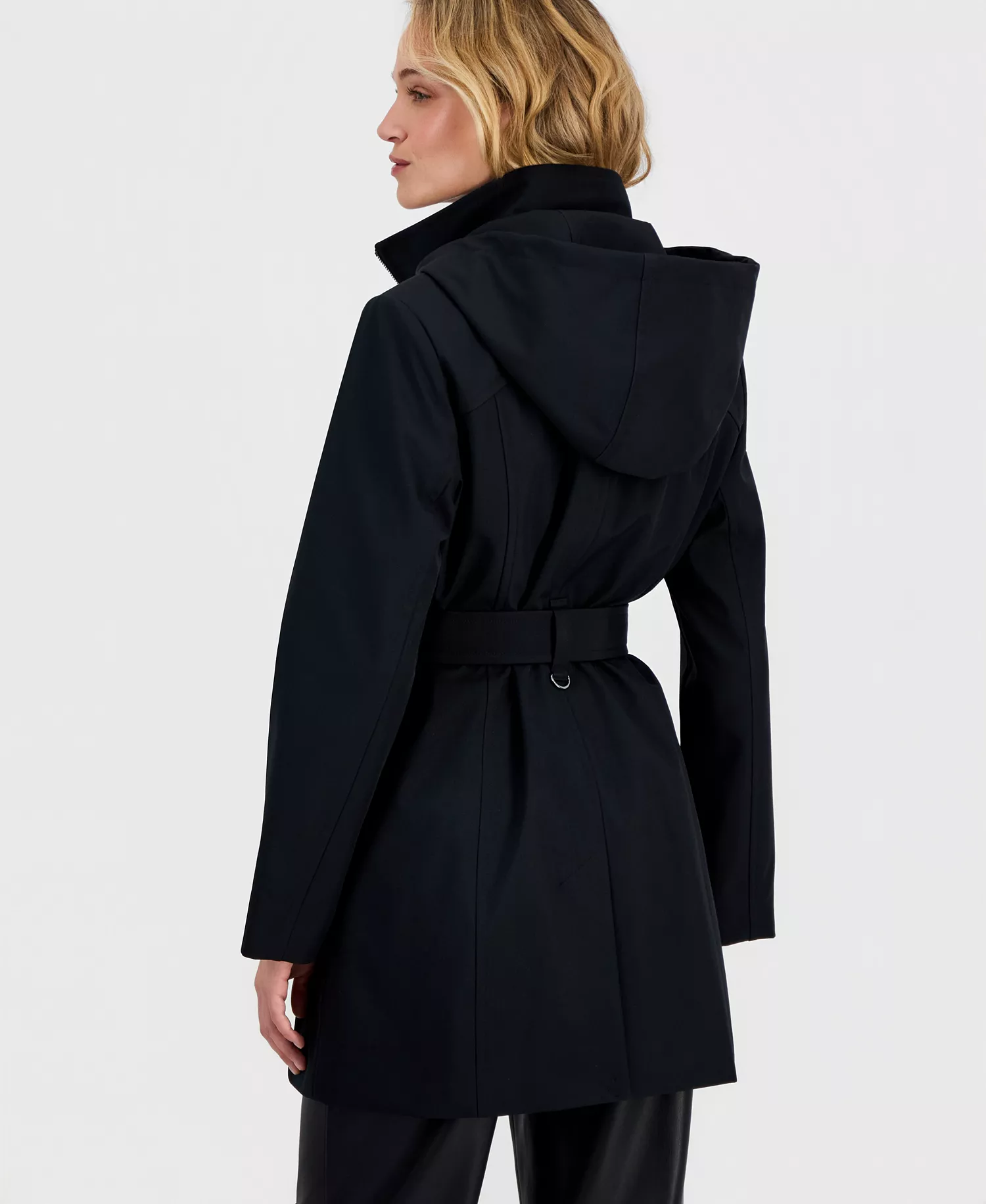 Women's Belted Hooded Zip-Front Raincoat - BLACK - L
