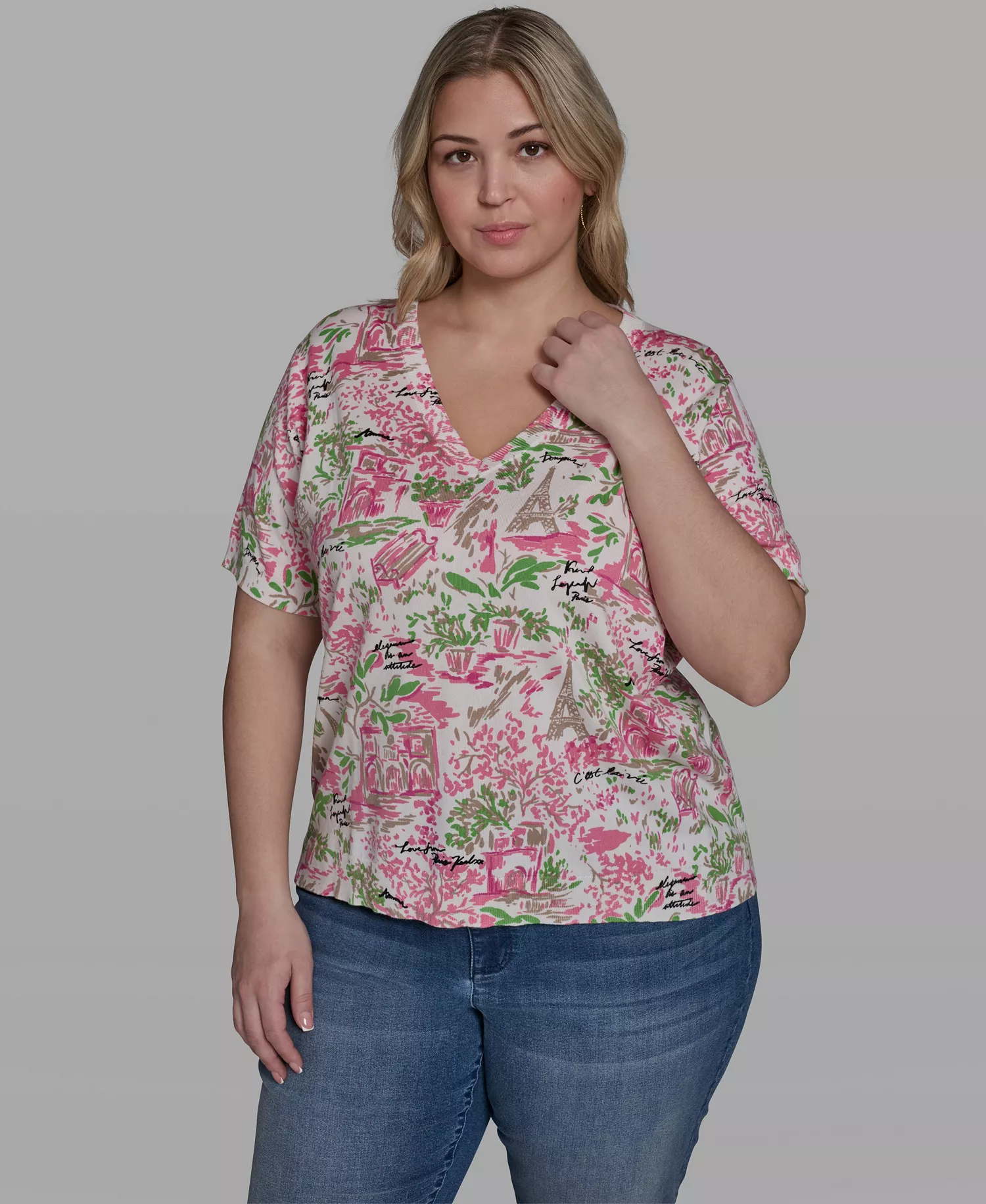Plus Size Floral Printed V-Neck Top - Soft Whtie/Pink Multi - 0X