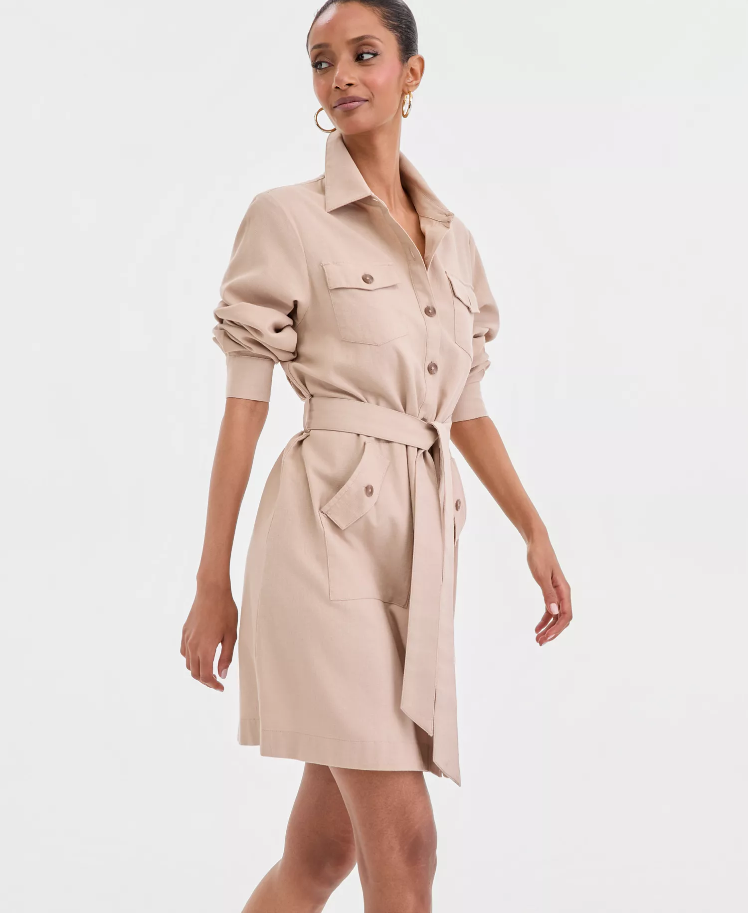 Women's Long-Sleeve Belted Shirtdress, Macy's Exclusive - Neutral - L
