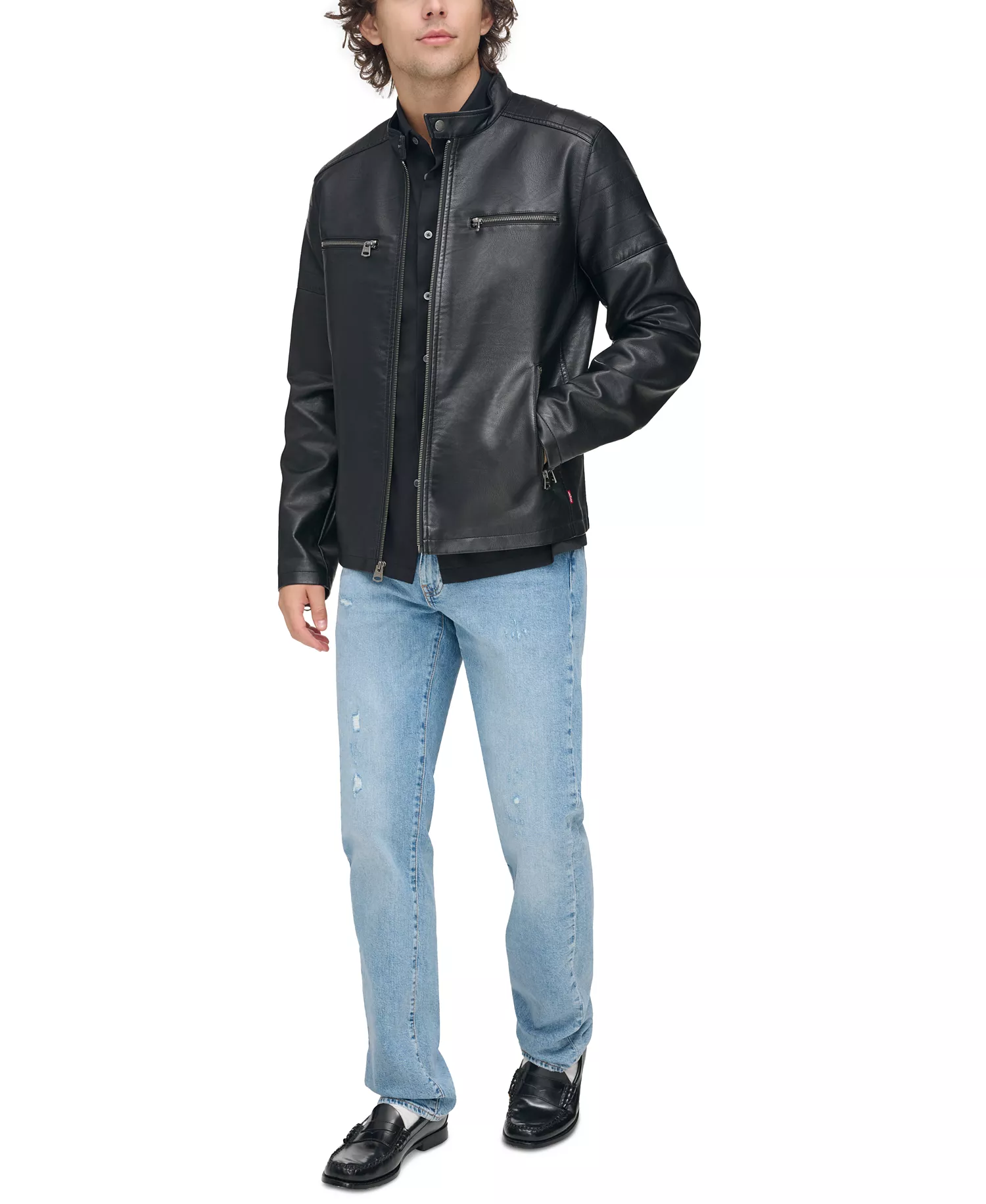 Men's Faux Leather Racer Jacket - Black - 2XL