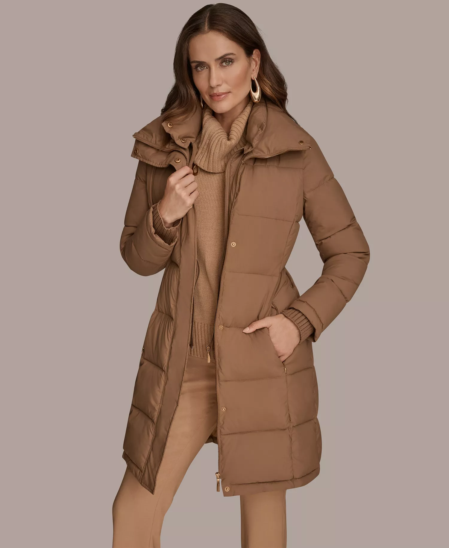 Women's Belted Bibbed Puffer Coat - Antiq gold - L