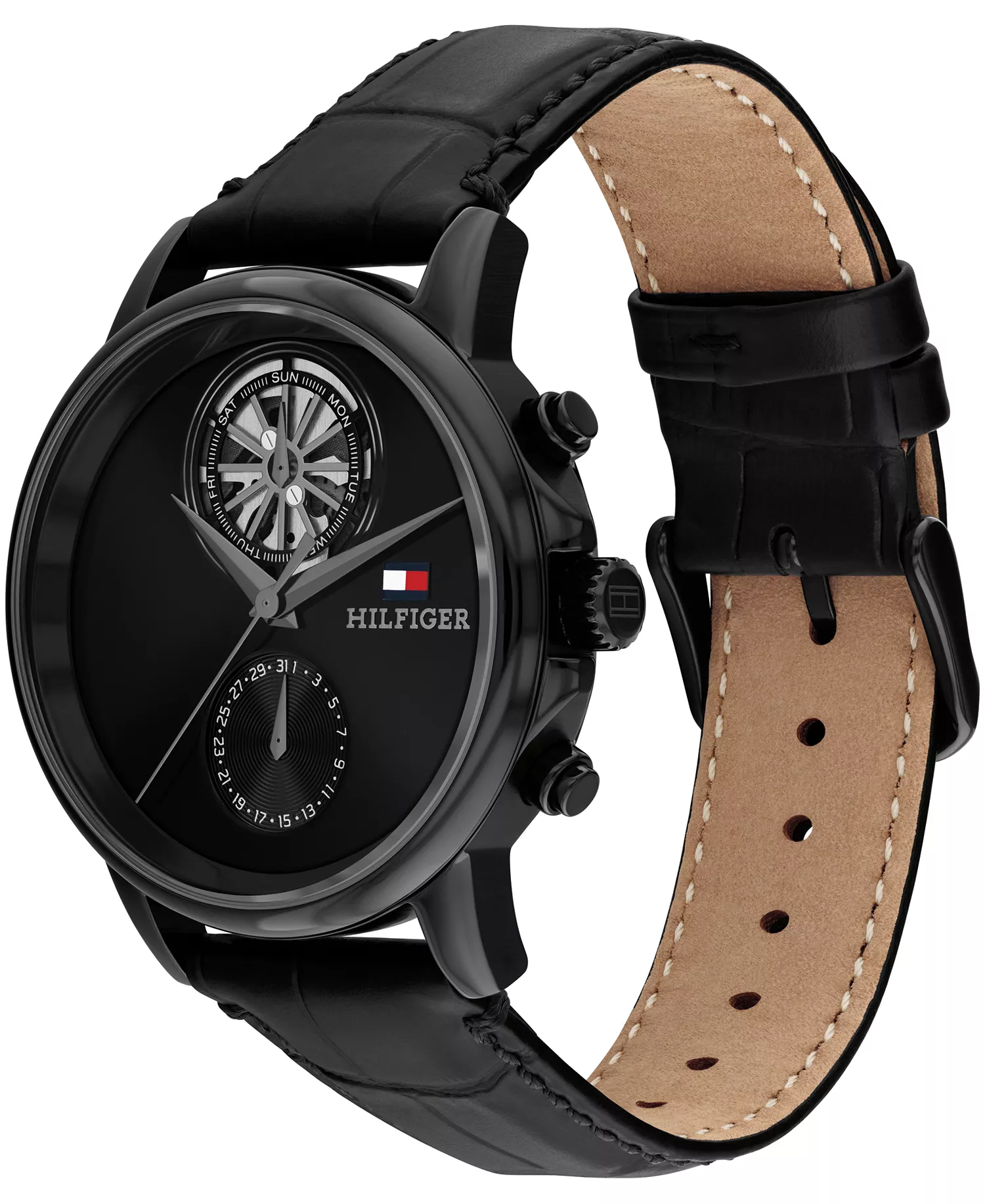Men's Multifunction Black Leather Strap Watch, 40mm - Black - No Size